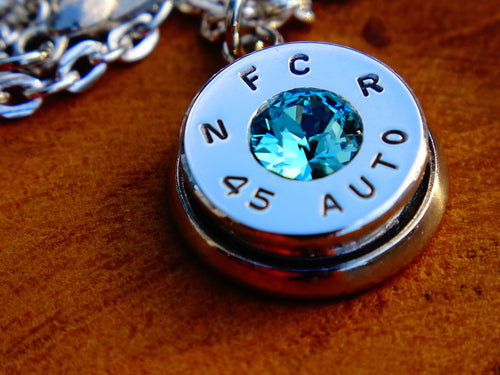 45 ACP bullet jewel necklace pendant Swarovski turquoise Ultra Line __etsy:2007356269