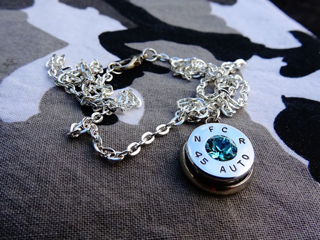 45 ACP bullet jewel necklace pendant Swarovski turquoise Ultra Line __etsy:1959821474
