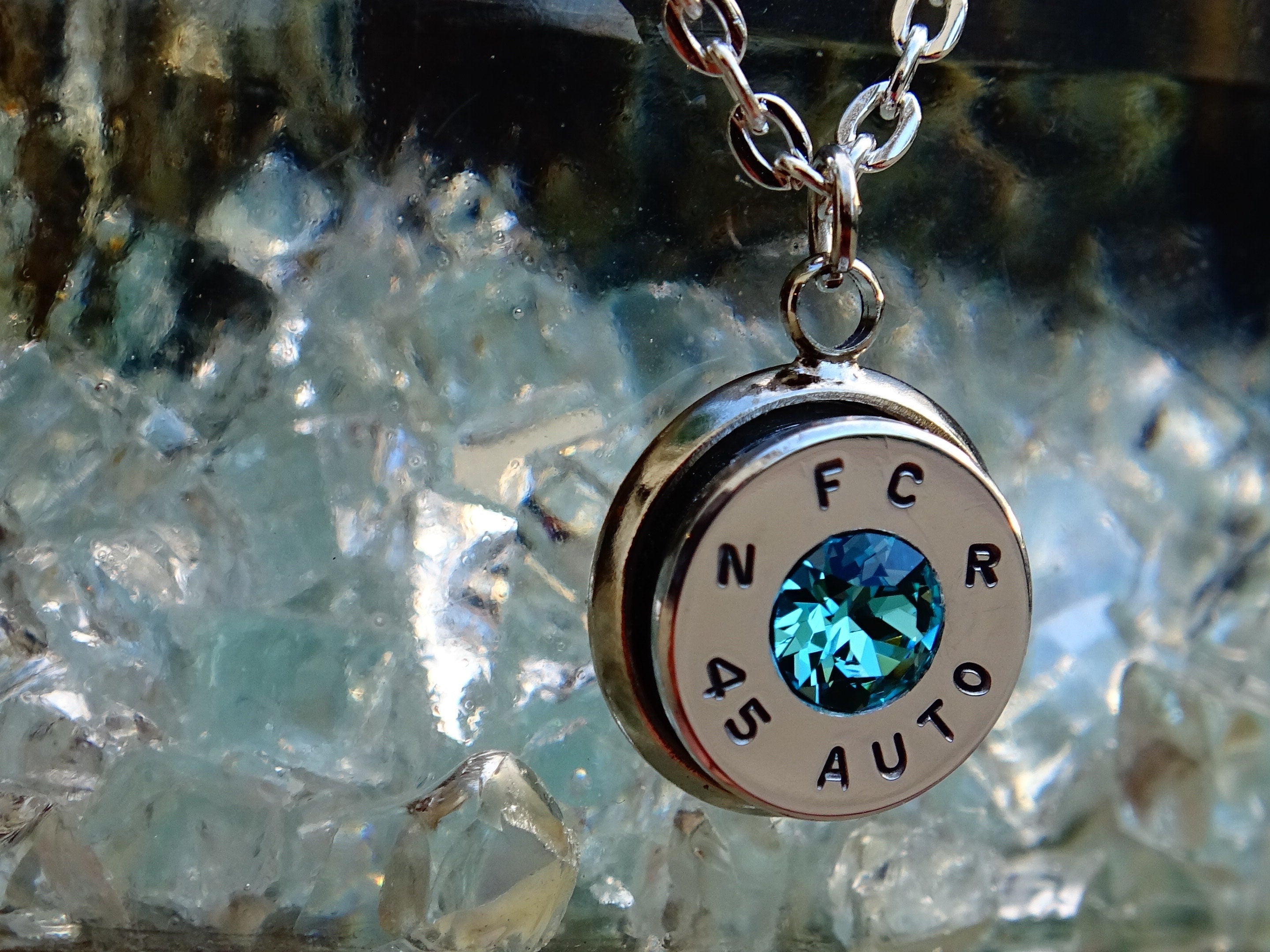 45 ACP bullet jewel necklace pendant Swarovski turquoise Ultra Line __etsy:1959822080