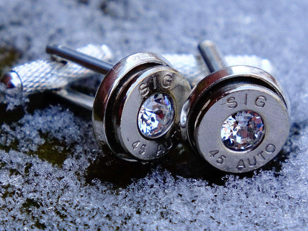 45 ACP cufflinks and tie clip silver tone set clear x7 sets + engaveing __etsy:2125538454