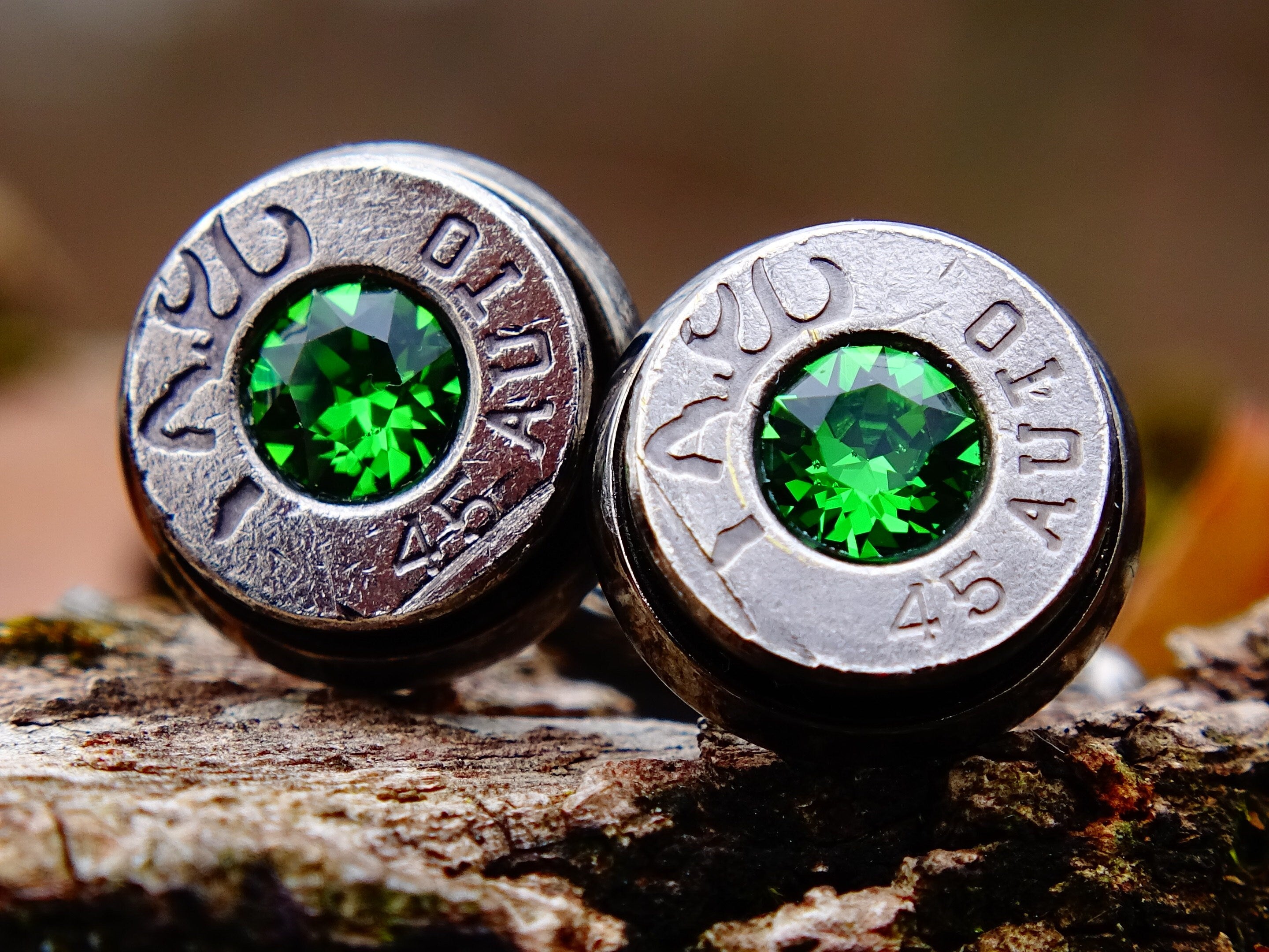 45 ACP gun metal bullet cufflinks green swarovski __etsy:2125524110