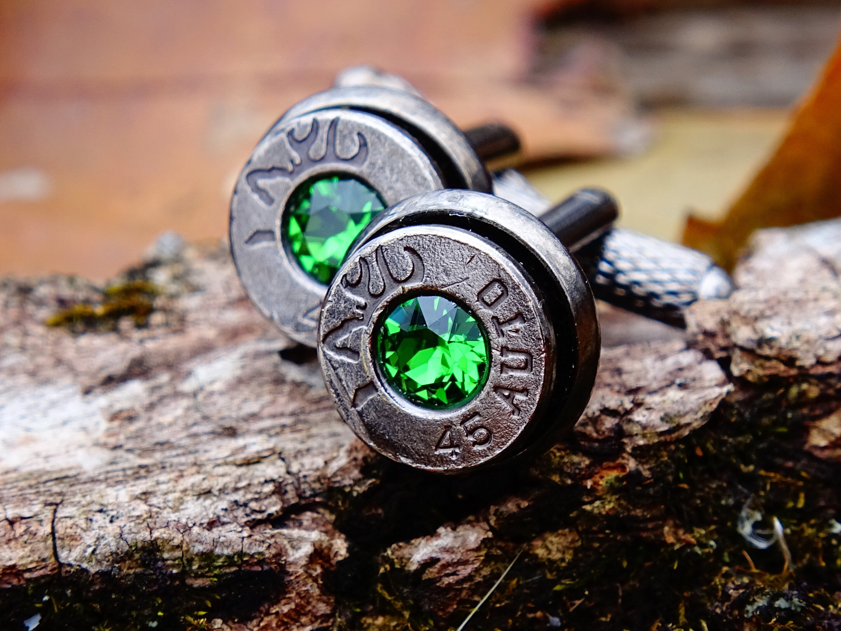 45 ACP gun metal bullet cufflinks green swarovski __etsy:2173080603
