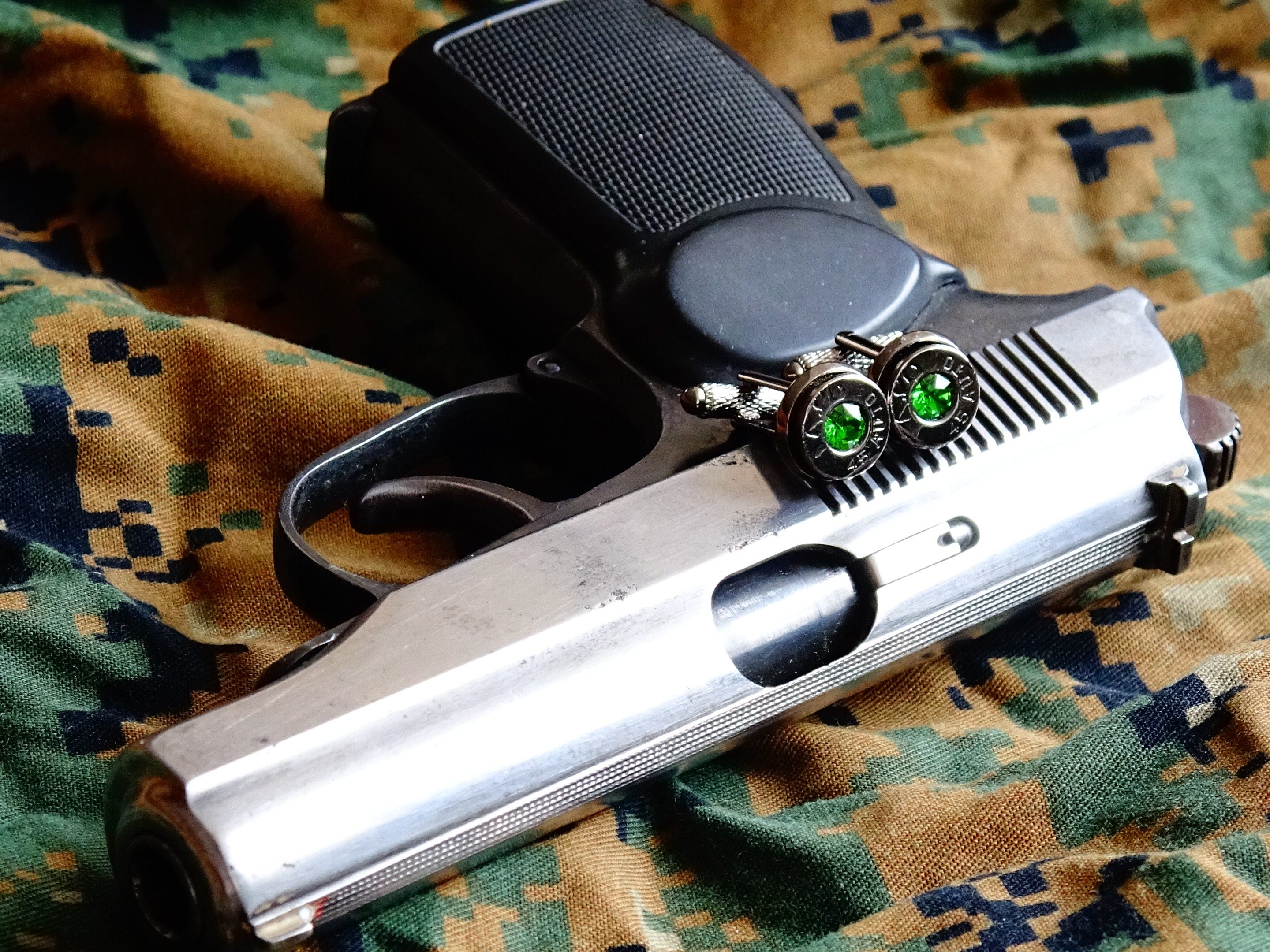 45 ACP gun metal bullet cufflinks green swarovski __etsy:2173080651
