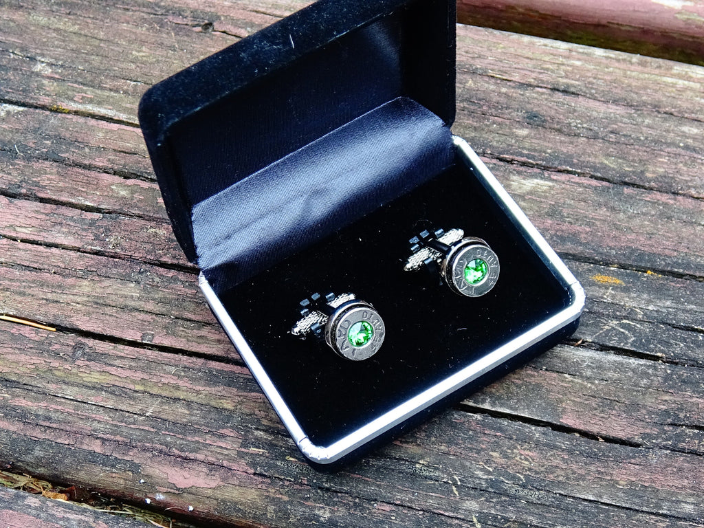 45 ACP gun metal bullet cufflinks green swarovski __etsy:2173080699