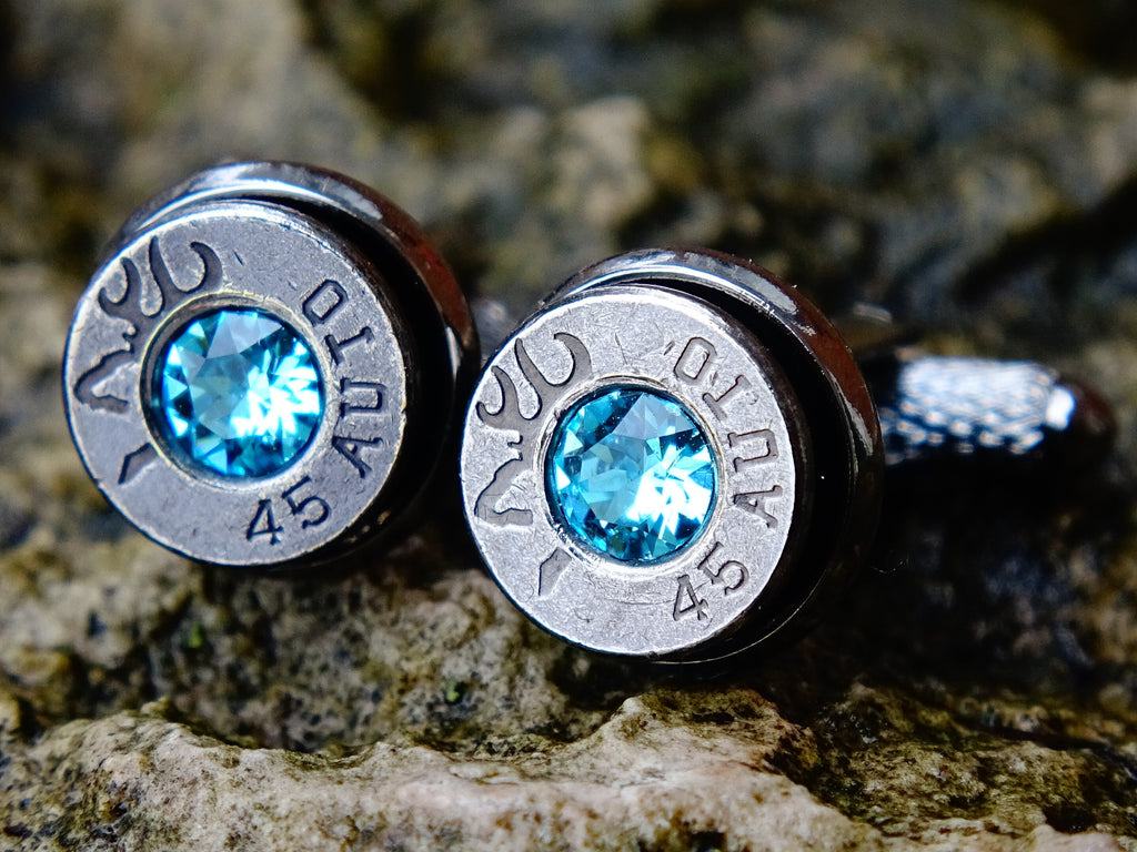 Bullet cufflinks gun metal aqua marine .45 ACP __etsy:2194192034