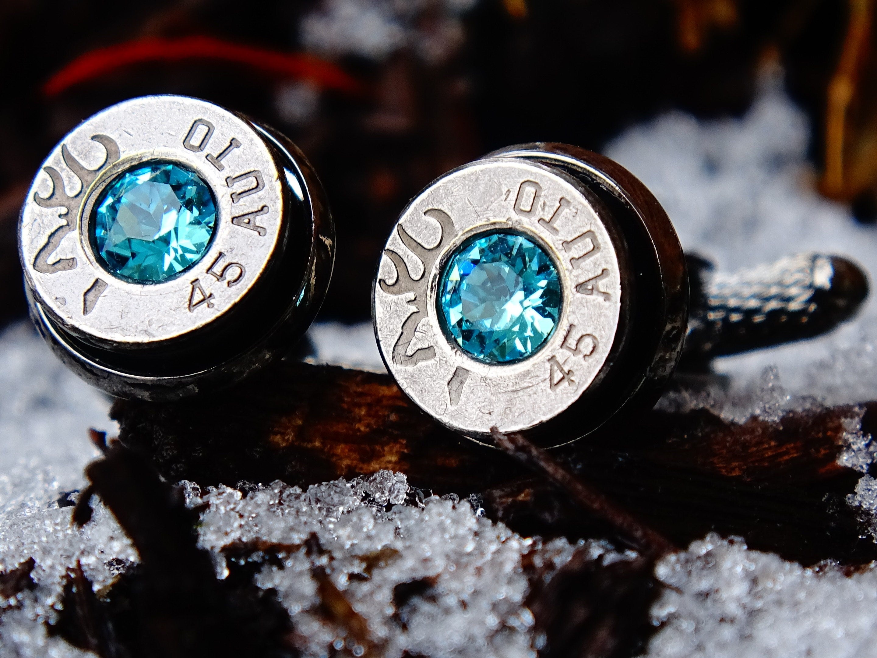 Bullet cufflinks gun metal aqua marine .45 ACP __etsy:2241741157