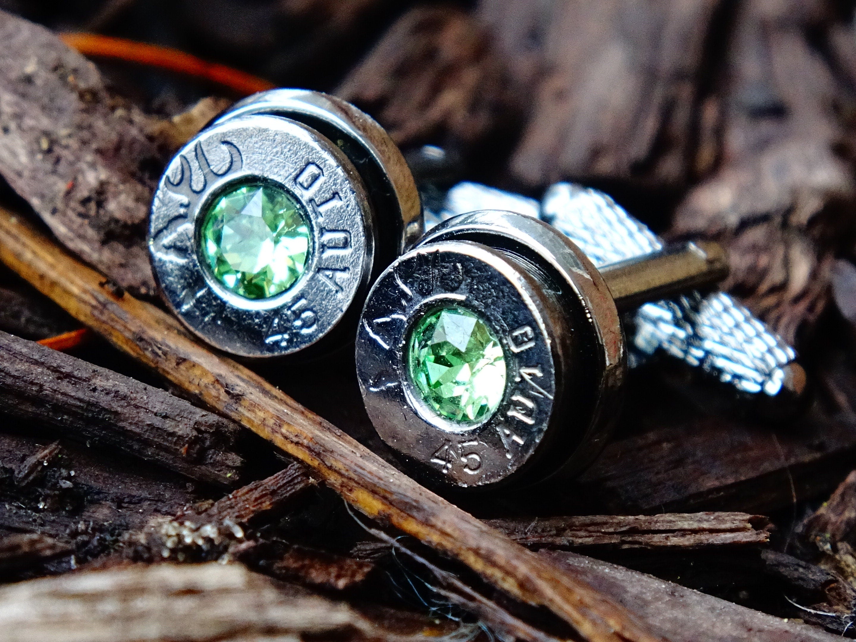 Bullet cufflinks gun metal peridot .45 ACP __etsy:2194204204