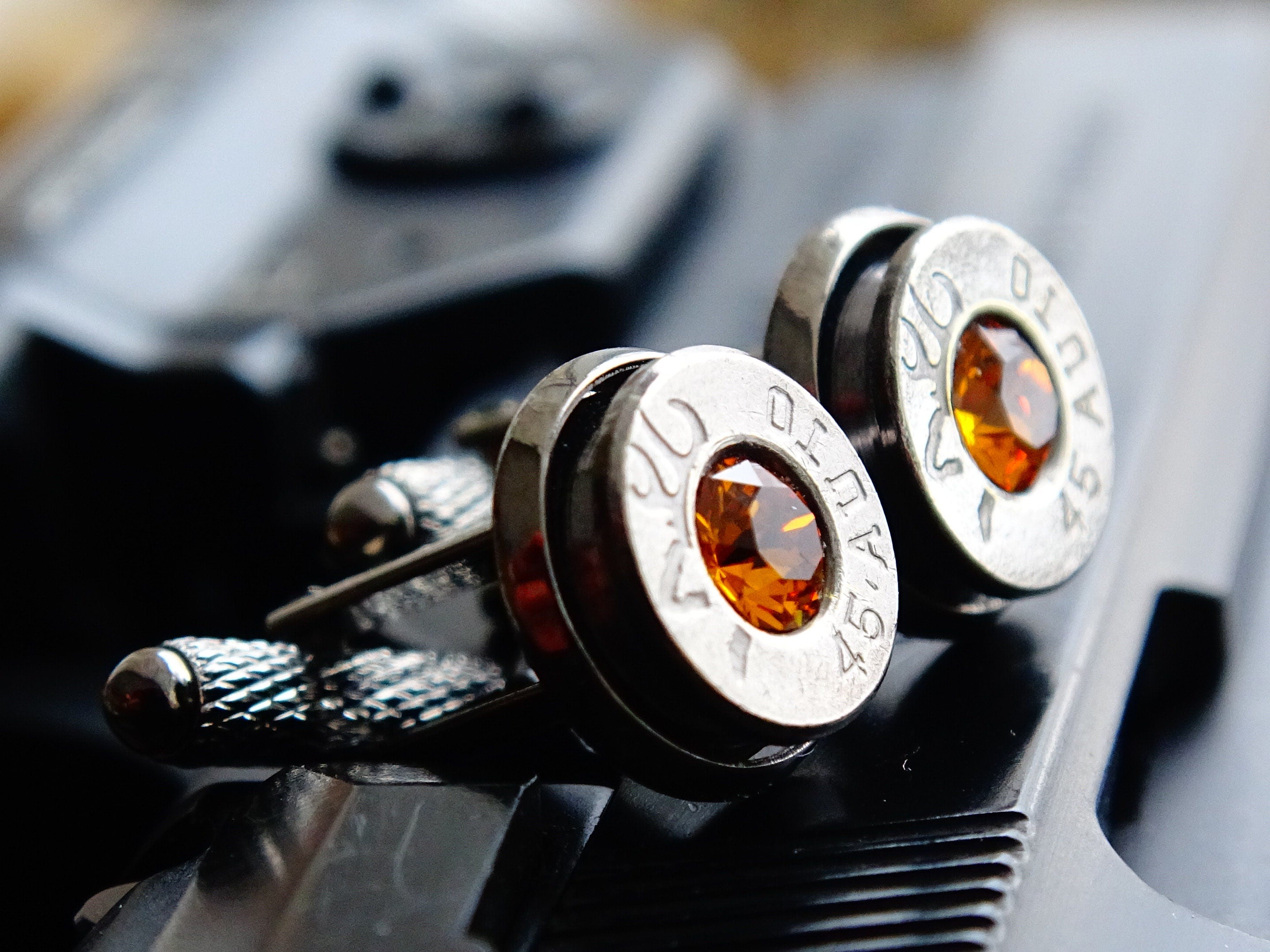 Bullet cufflinks gun metal topaz .45 ACP __etsy:2241555709