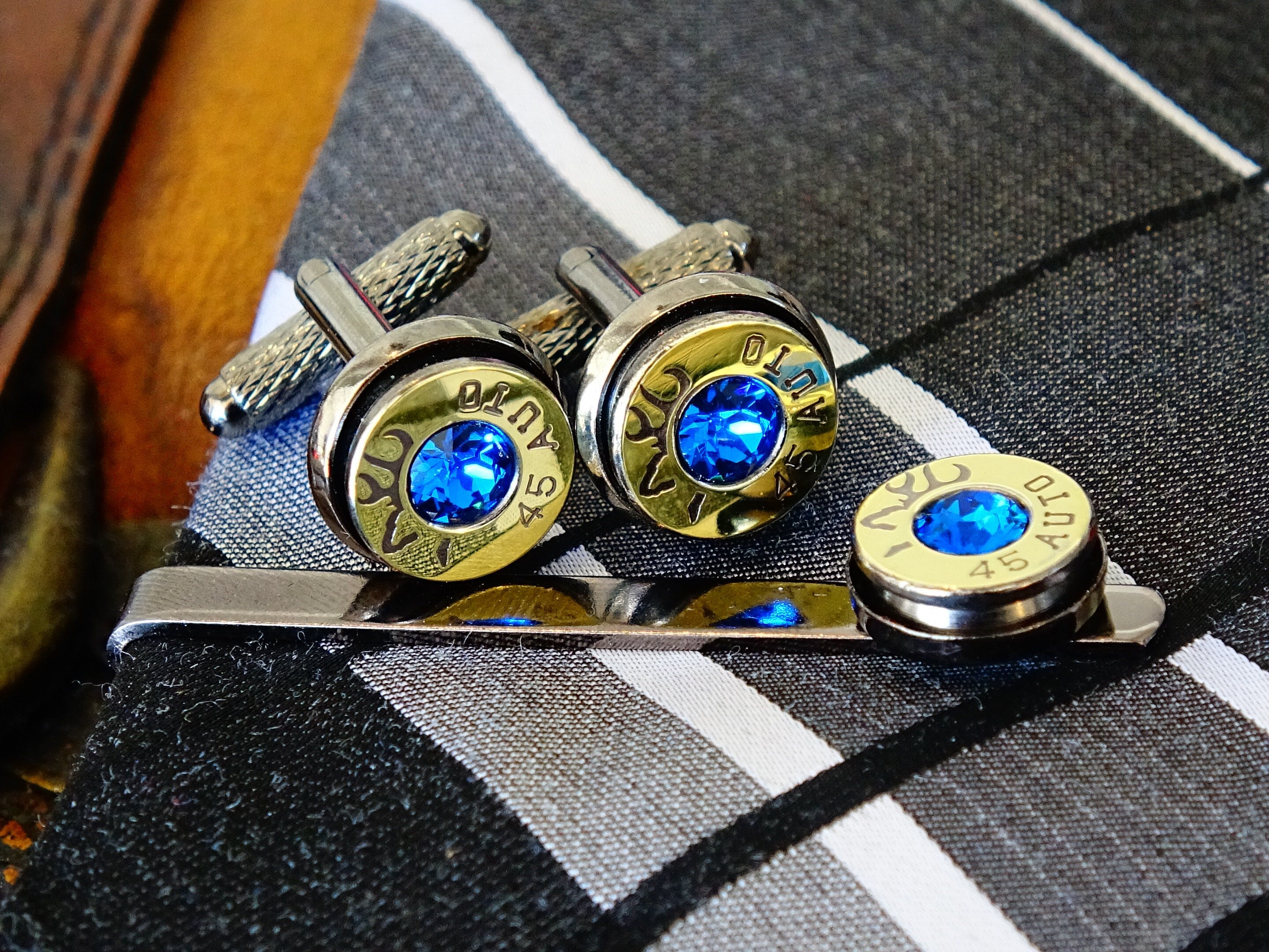 Bullet cufflinks tie clip set bi-tone dark sapphire __etsy:2306002207