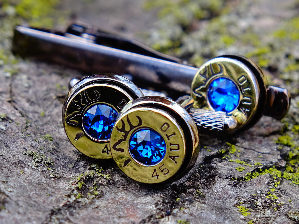 Bullet cufflinks tie clip set bi-tone dark sapphire __etsy:2258398710