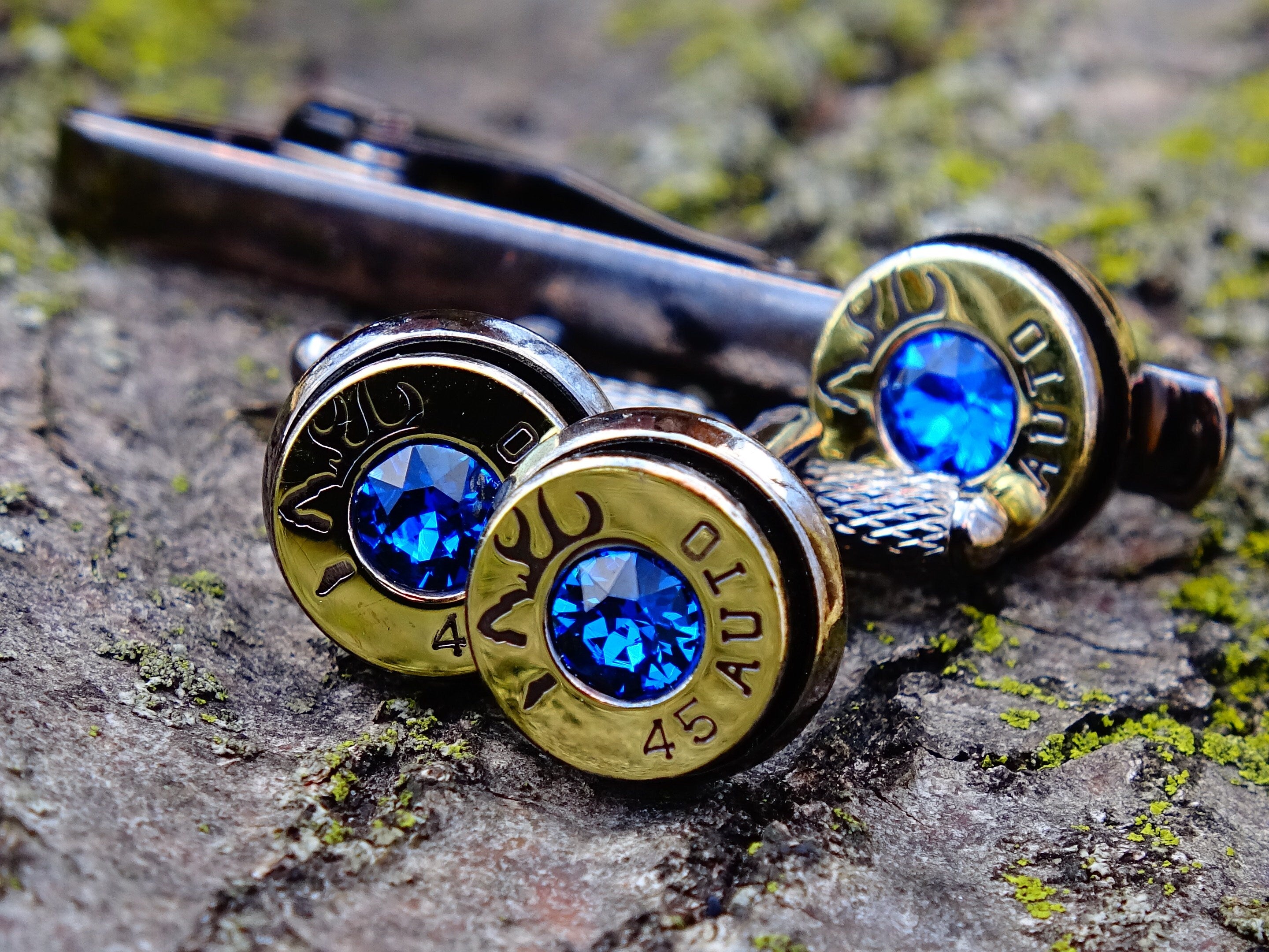 Bullet cufflinks tie clip set bi-tone dark sapphire __etsy:2258398710