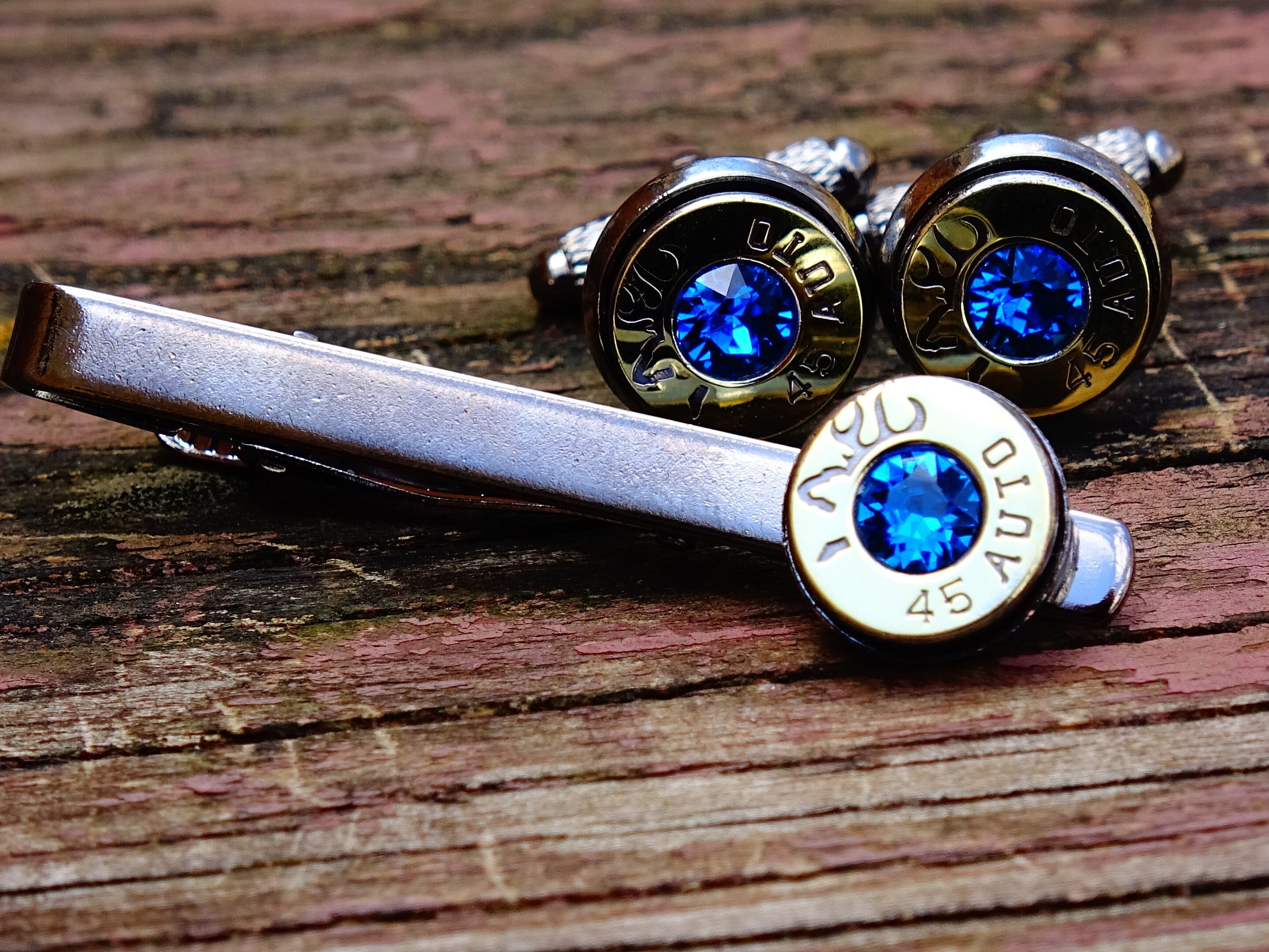 Bullet cufflinks tie clip set bi-tone dark sapphire __etsy:2258399044