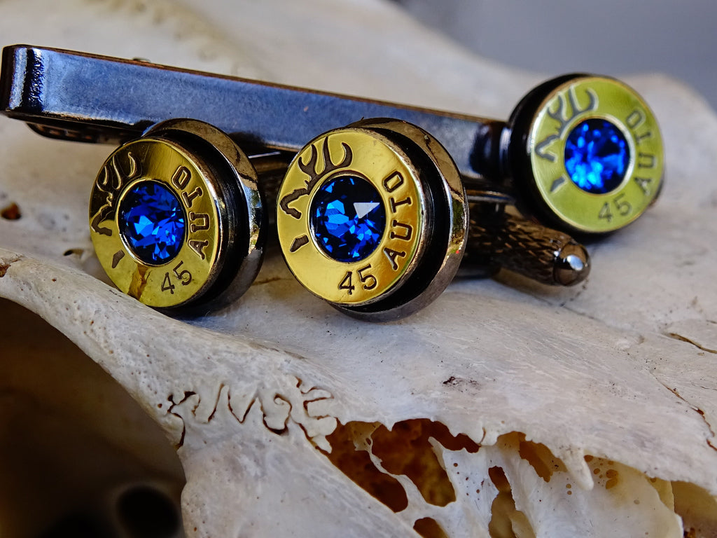 Bullet cufflinks tie clip set bi-tone dark sapphire __etsy:2258399316