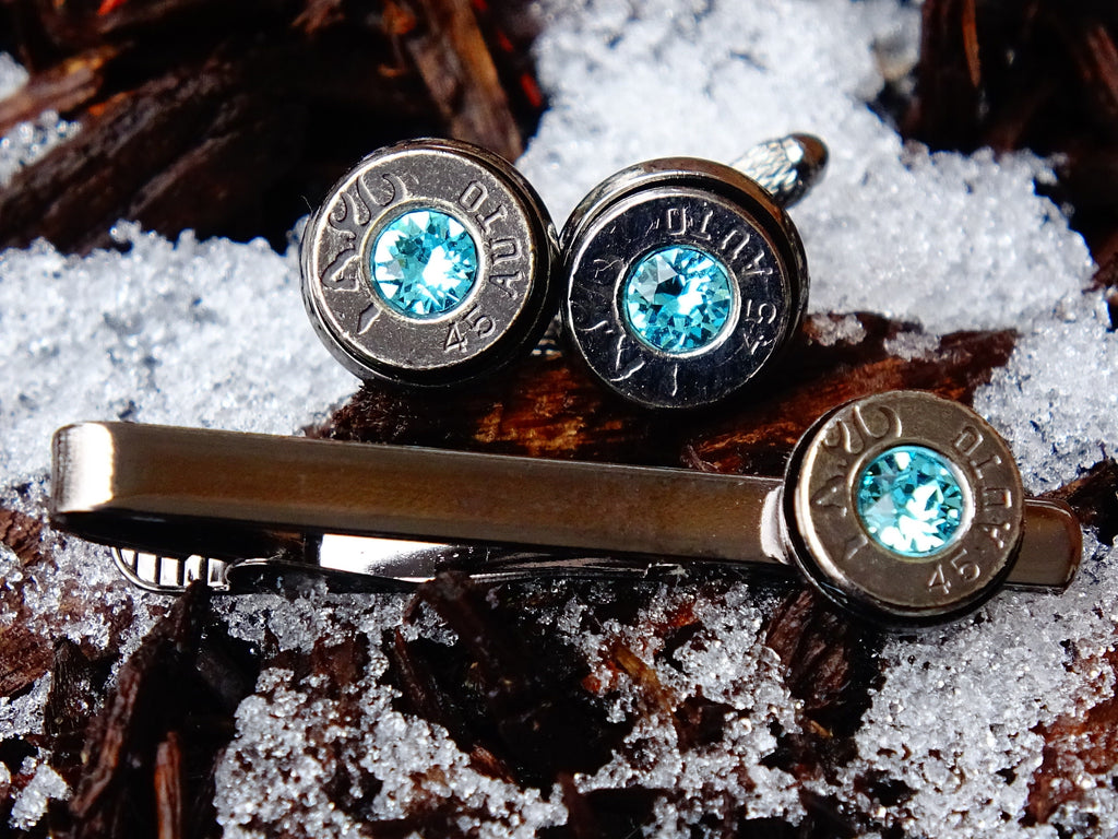 Bullet cufflinks tie clip set gun metal aqua marine __etsy:2241745981