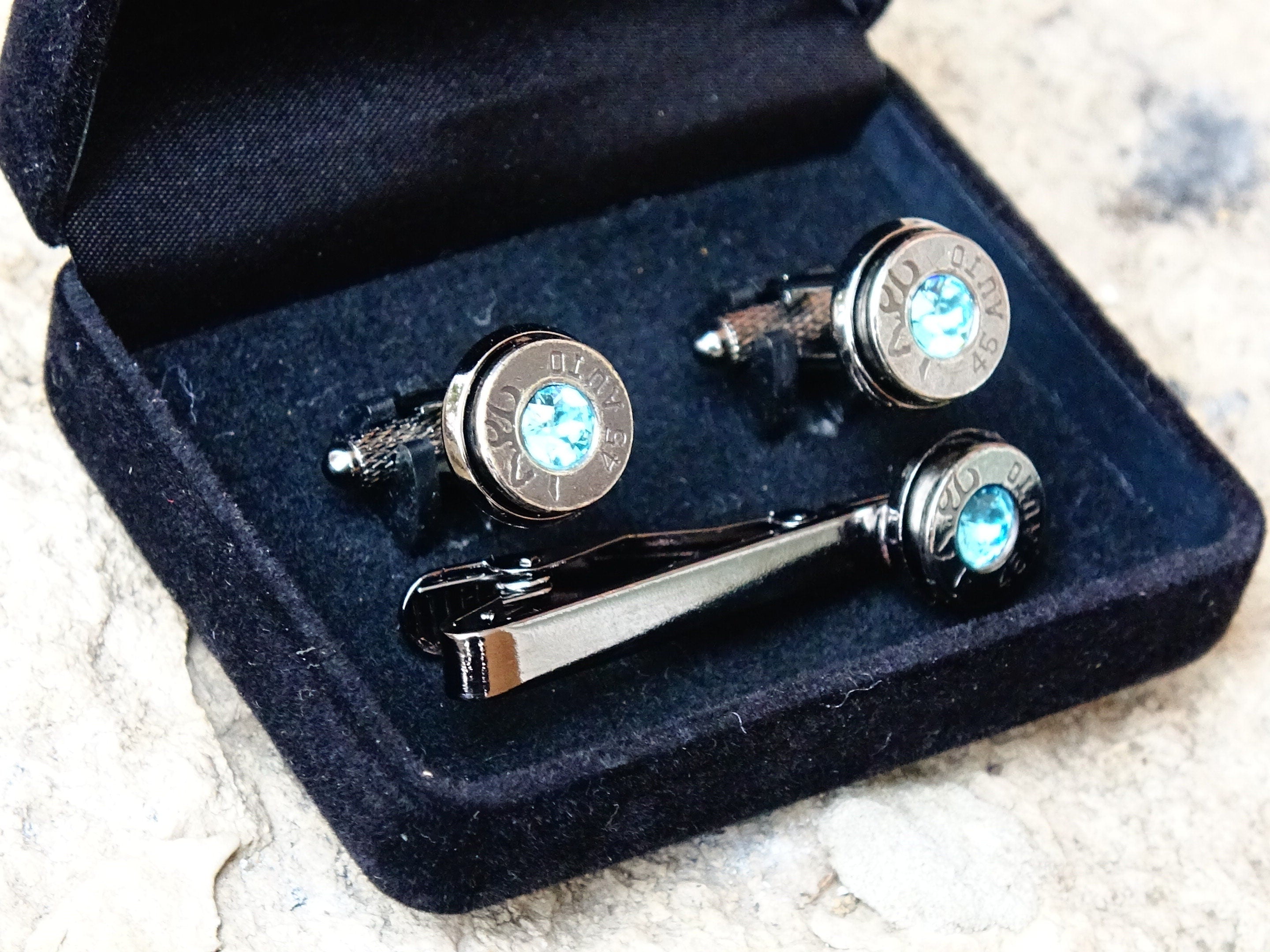 Bullet cufflinks tie clip set gun metal aqua marine __etsy:2194197338