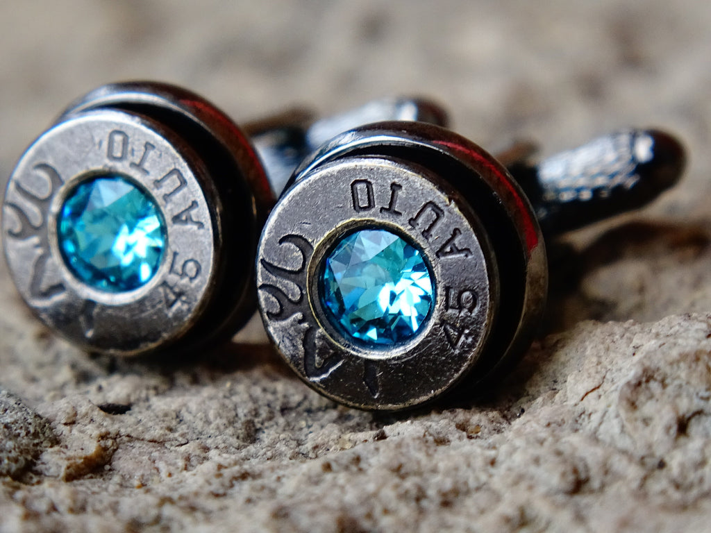 Bullet cufflinks tie clip set gun metal aqua marine __etsy:2241746261