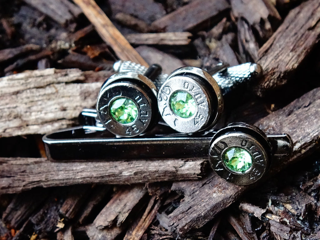 Bullet cufflinks tie clip set gun metal peridot __etsy:2241757335