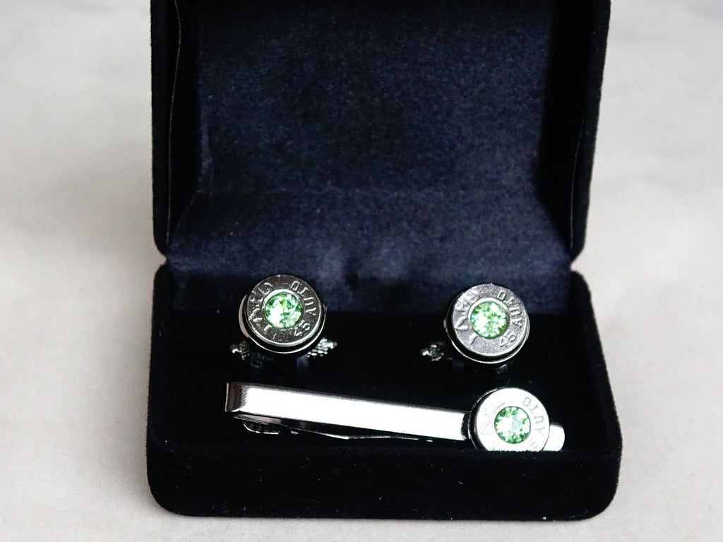 Bullet cufflinks tie clip set gun metal peridot __etsy:2241758375