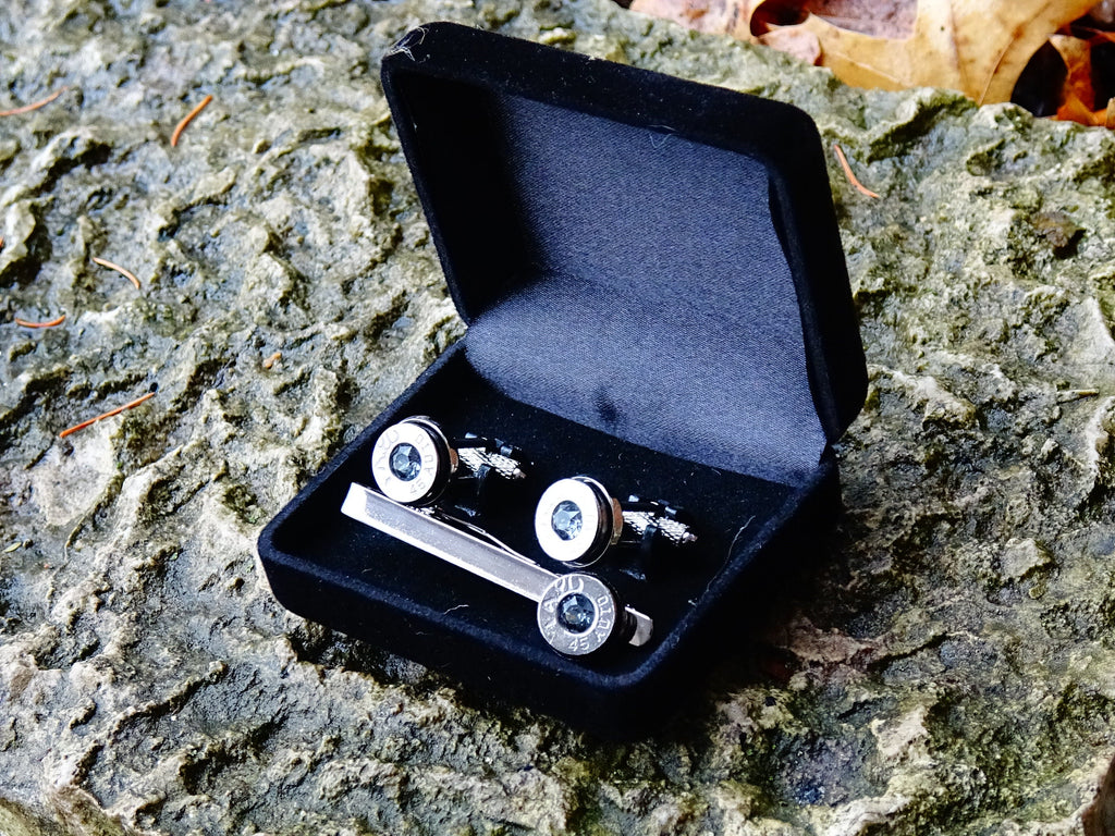 Bullet cufflinks tie clip set gun metal silver night __etsy:2241777251