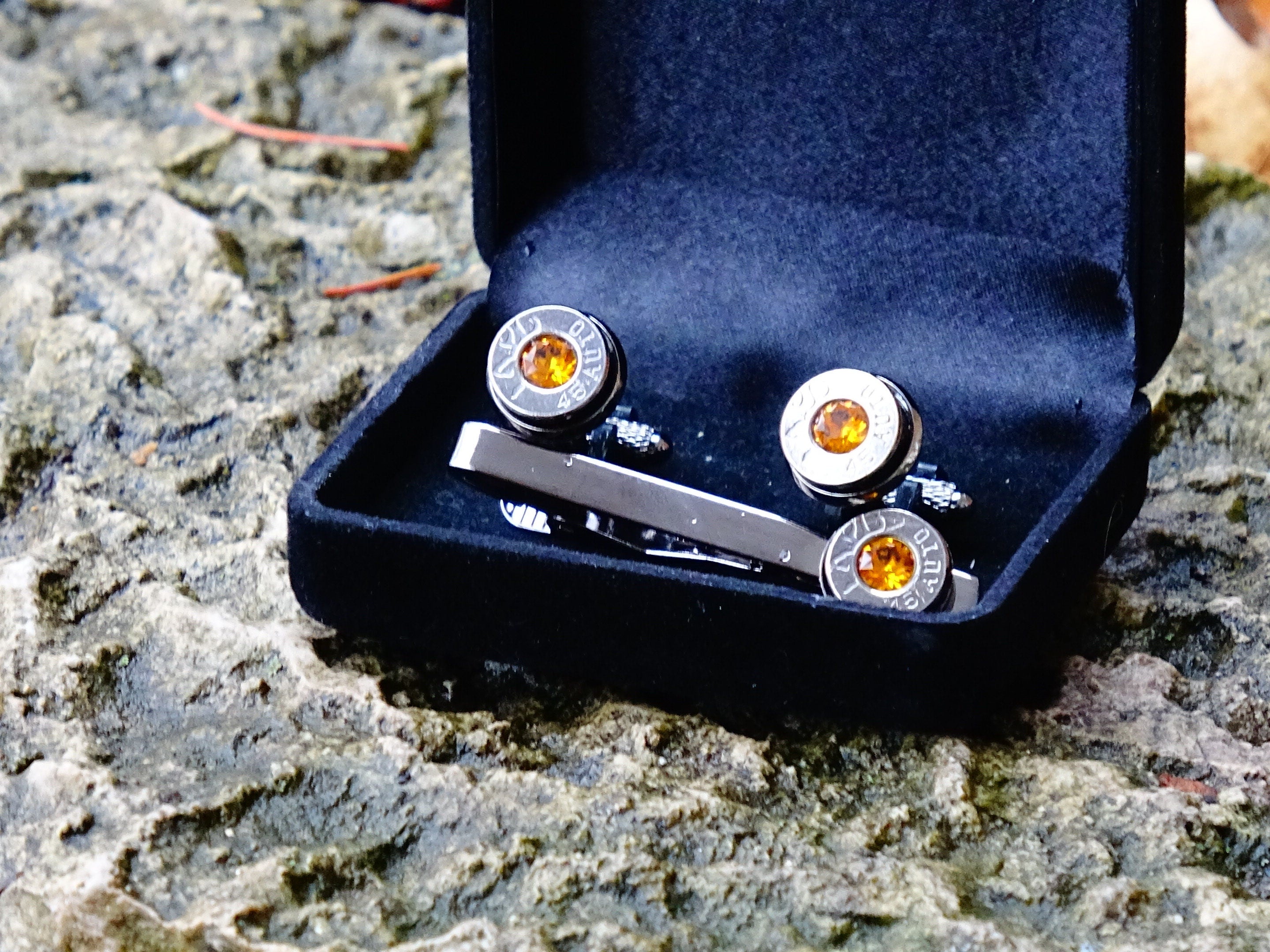 Bullet cufflinks tie clip set gun metal topaz __etsy:2194184282