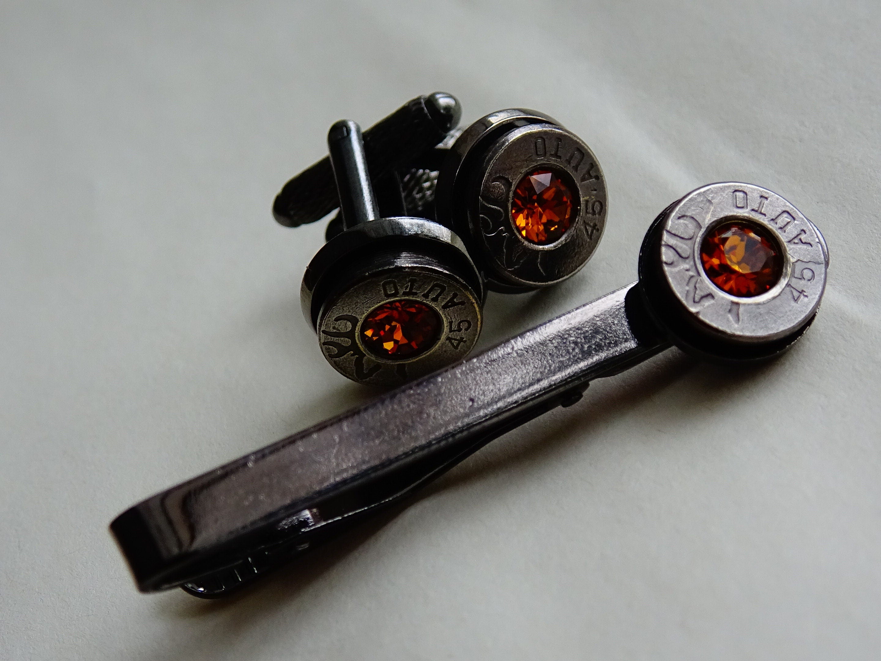 Bullet cufflinks tie clip set gun metal topaz __etsy:2194014352
