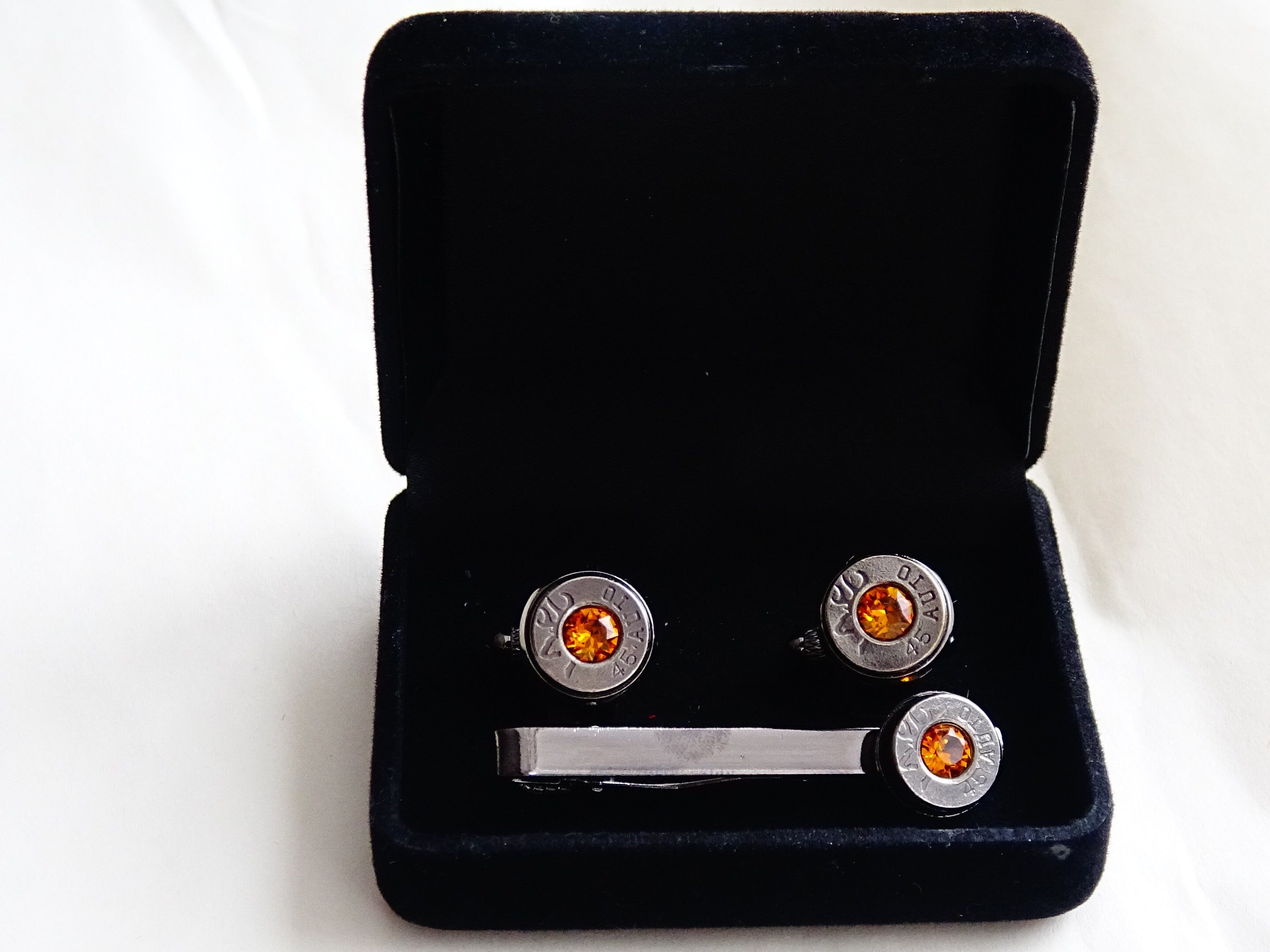 Bullet cufflinks tie clip set gun metal topaz __etsy:2241564211