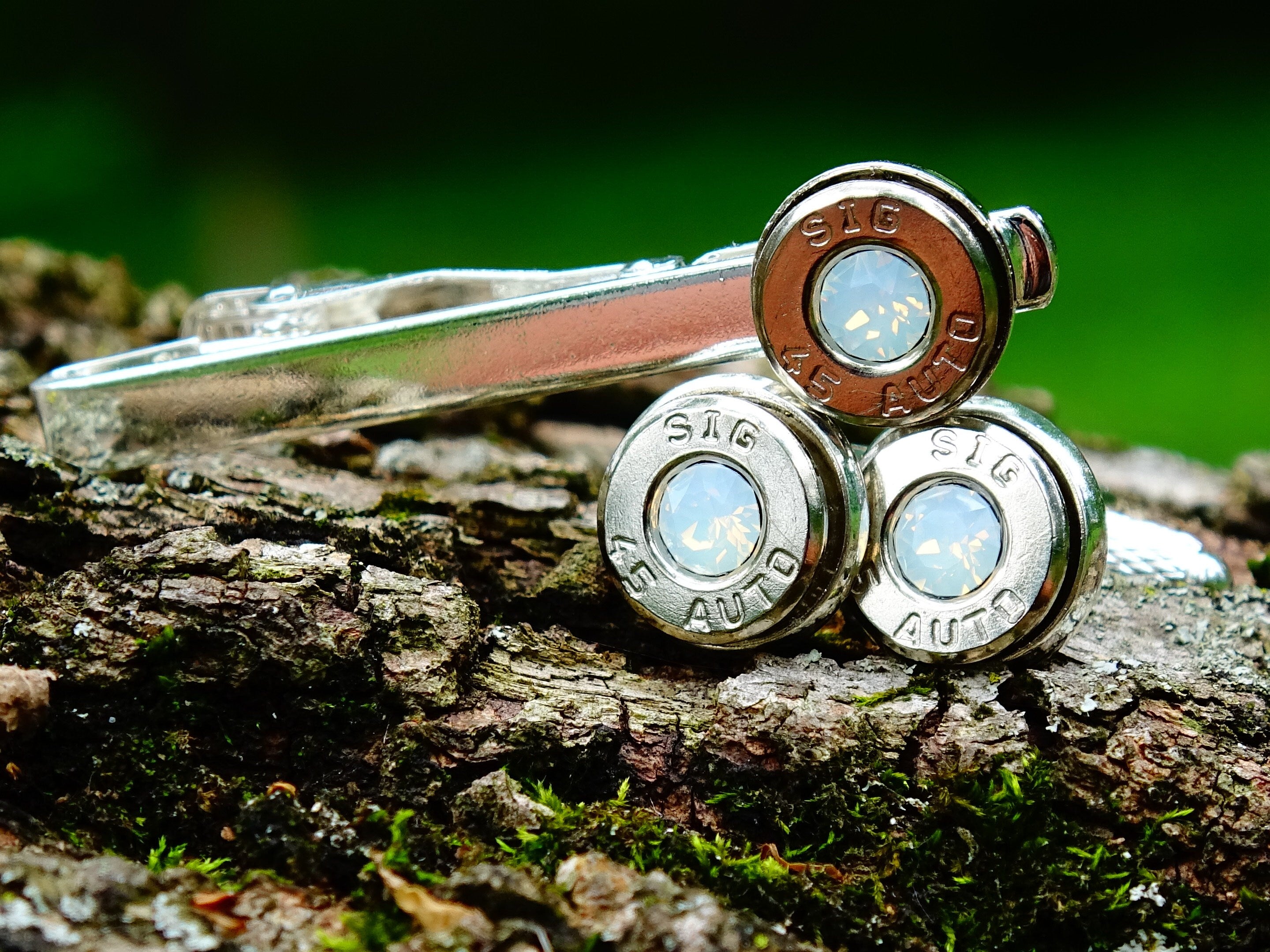 Bullet cufflinks & tie clip set opal __etsy:2329812954