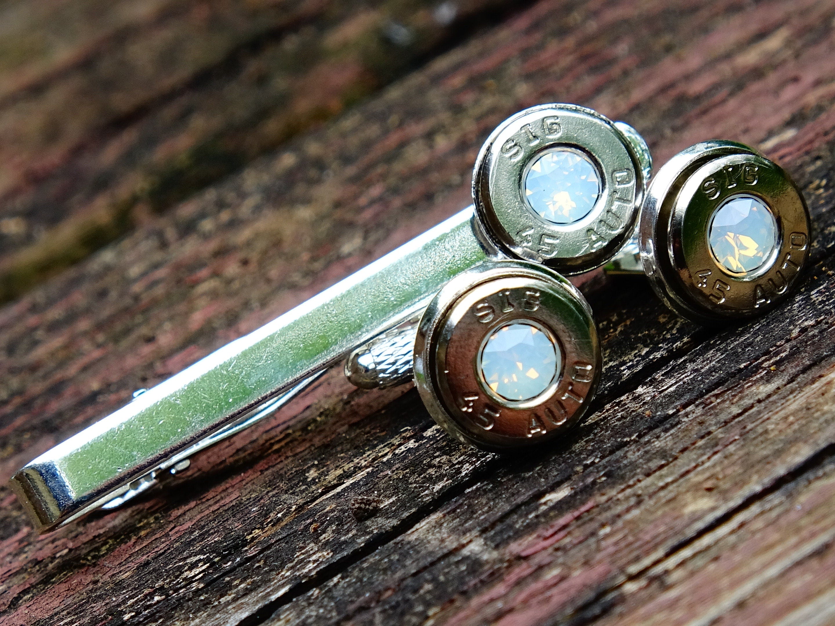 Bullet cufflinks & tie clip set opal __etsy:2377402707