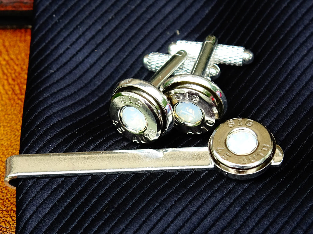 Bullet cufflinks & tie clip set opal __etsy:2377403095
