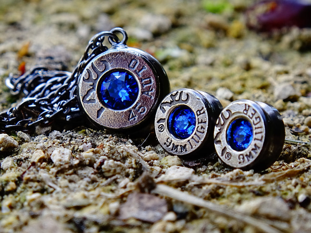 Bullet earring necklace set gun metal sapphire __etsy:2295183834