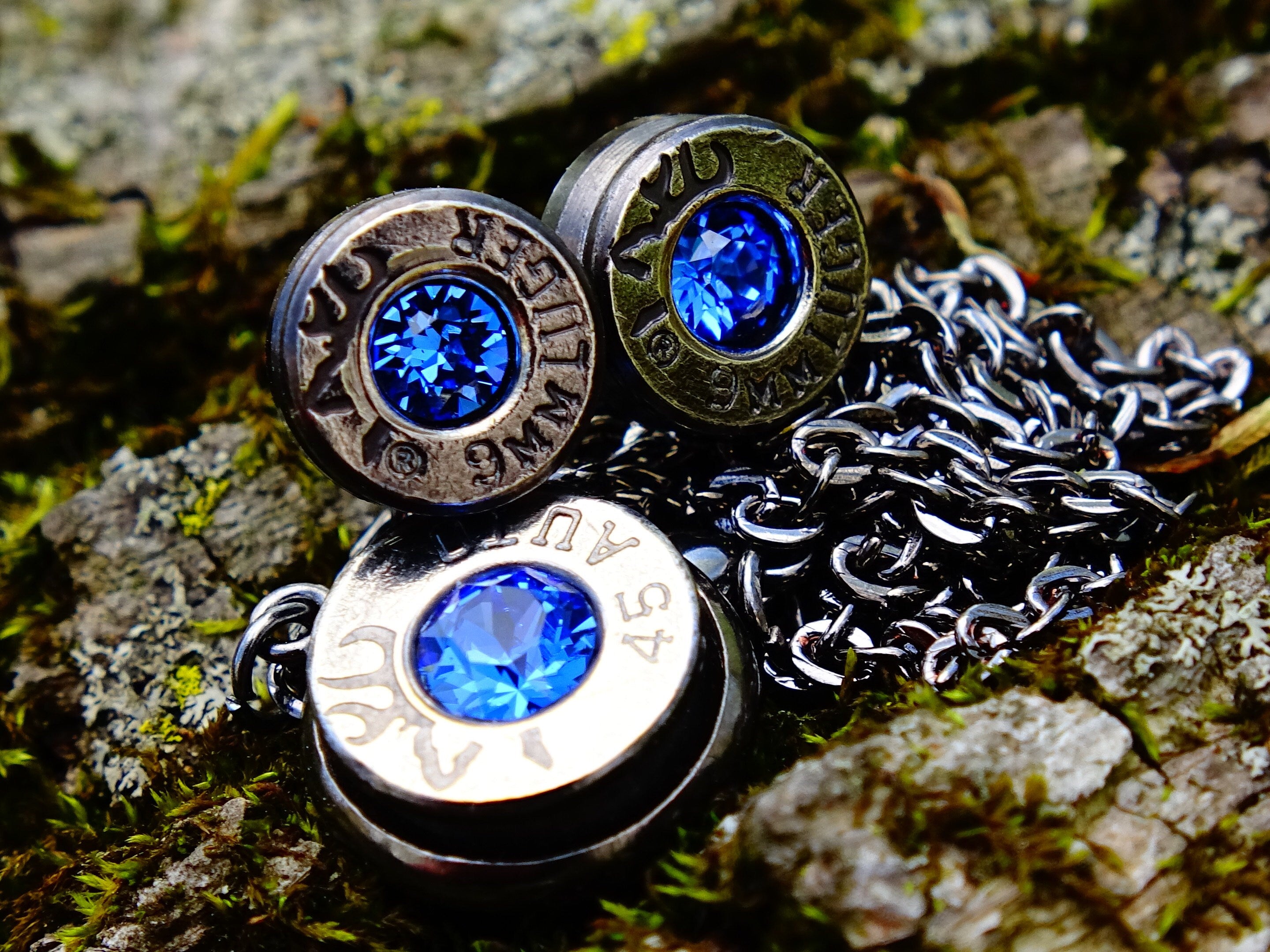Bullet earring necklace set gun metal sapphire __etsy:2295183344