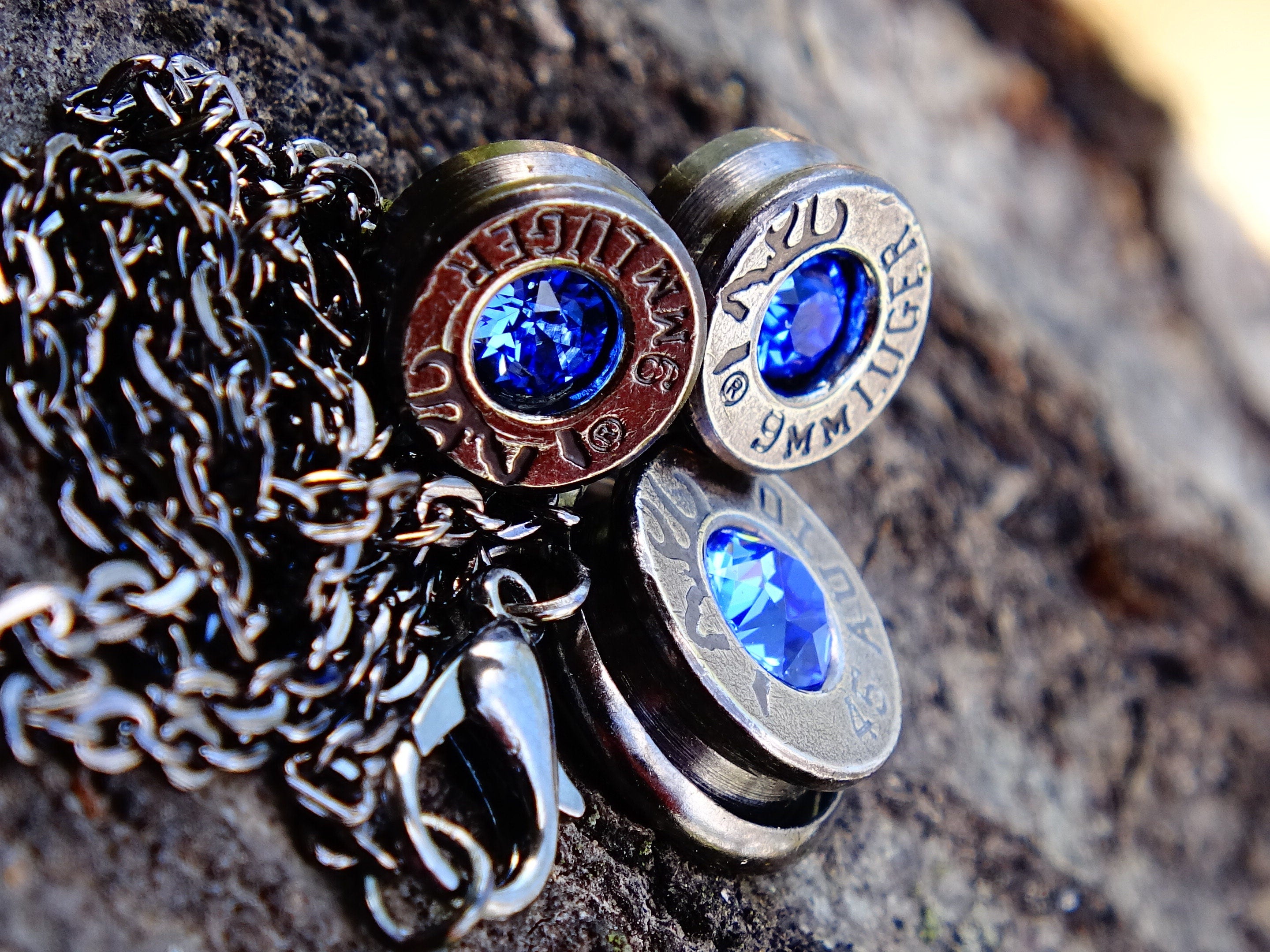 Bullet earring necklace set gun metal sapphire __etsy:2295183614