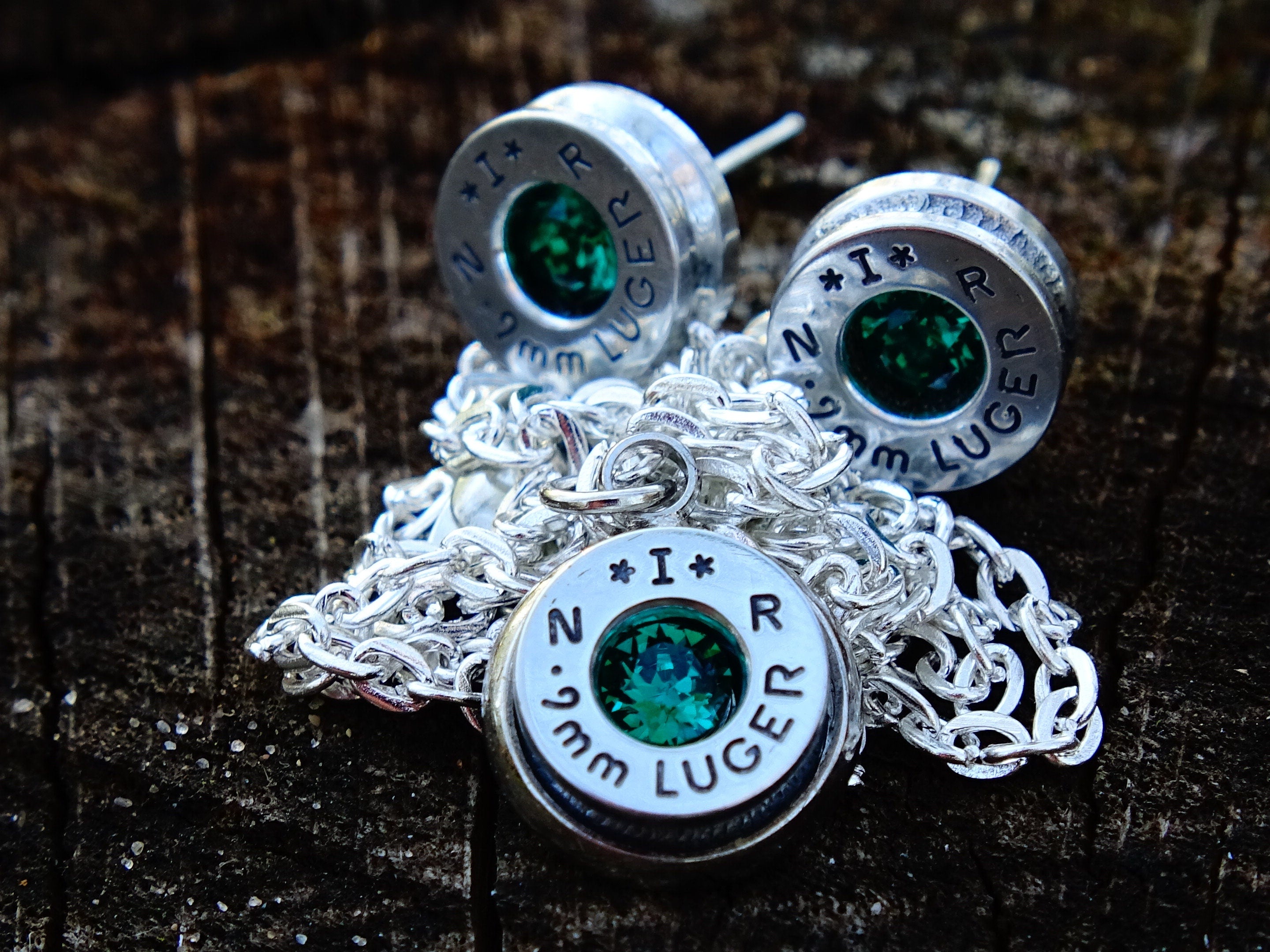 Bullet earring necklace set 9mm emerald silver __etsy:2343014319