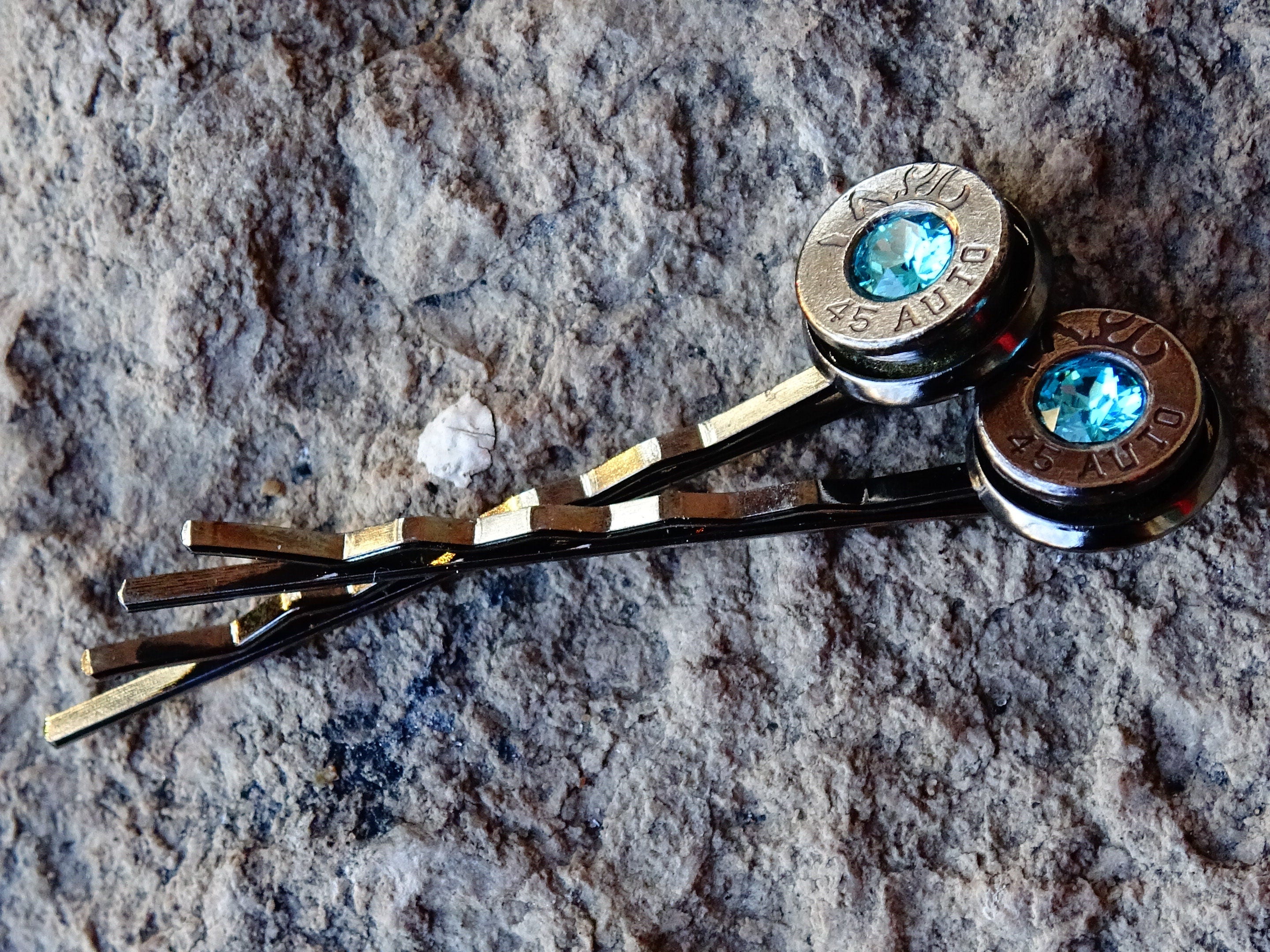 Bullet hair pins gun metal aqua marine set __etsy:2245664209
