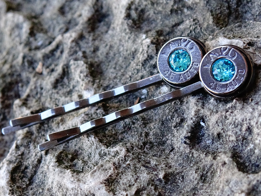 Bullet hair pins gun metal aqua marine set __etsy:2245664071