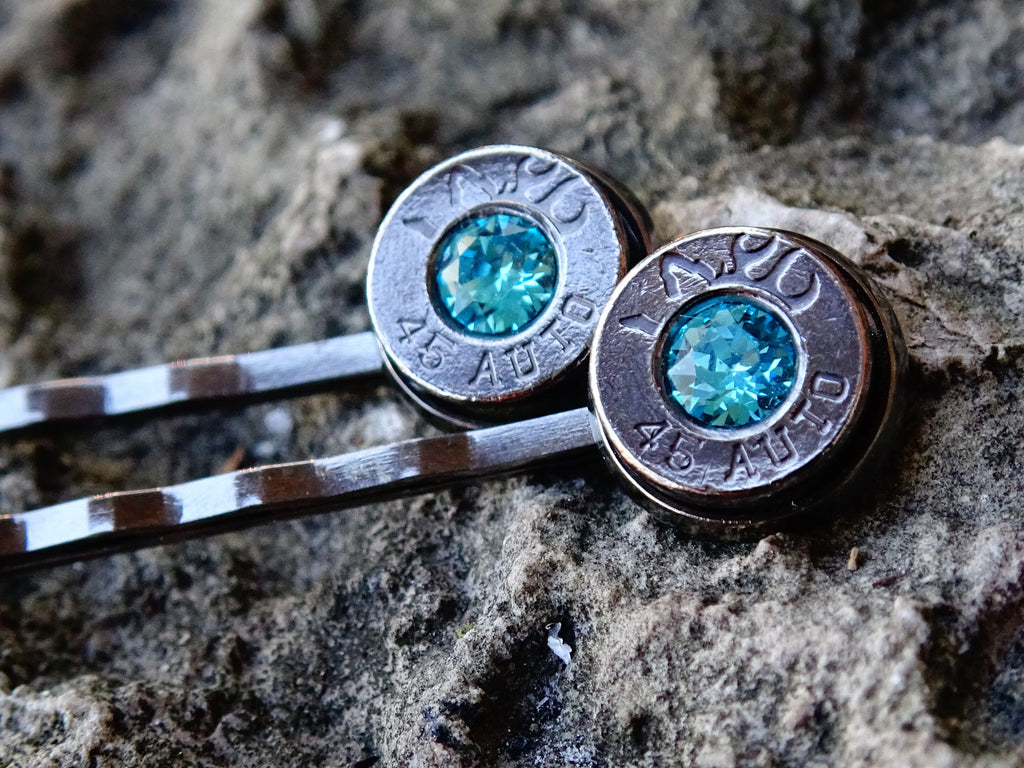 Bullet hair pins gun metal aqua marine set __etsy:2245664123