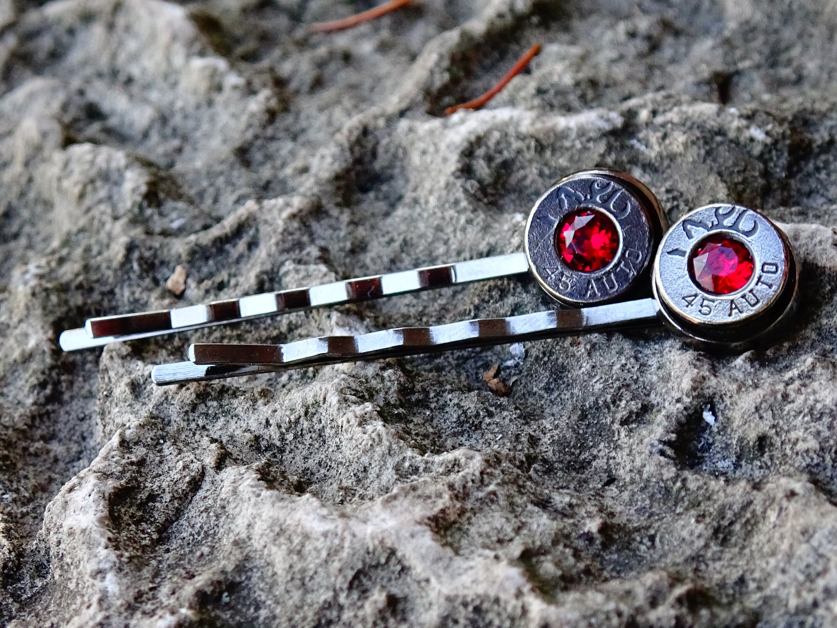 Bullet hair pins gun metal garnet red set __etsy:2245662719