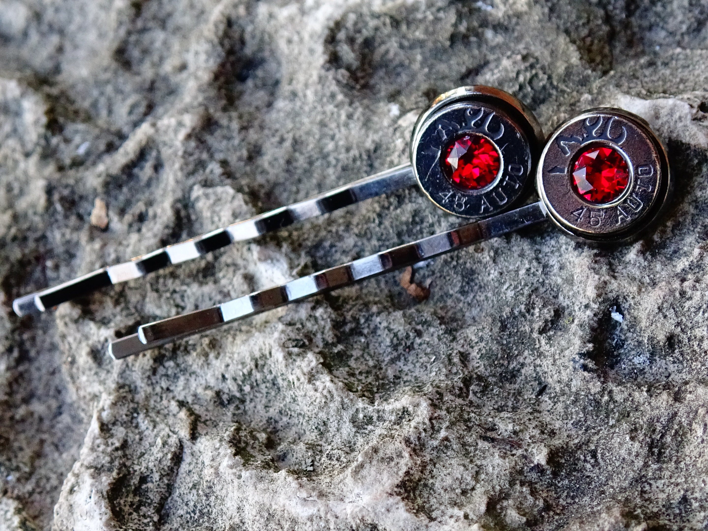 Bullet hair pins gun metal garnet red set __etsy:2198118012