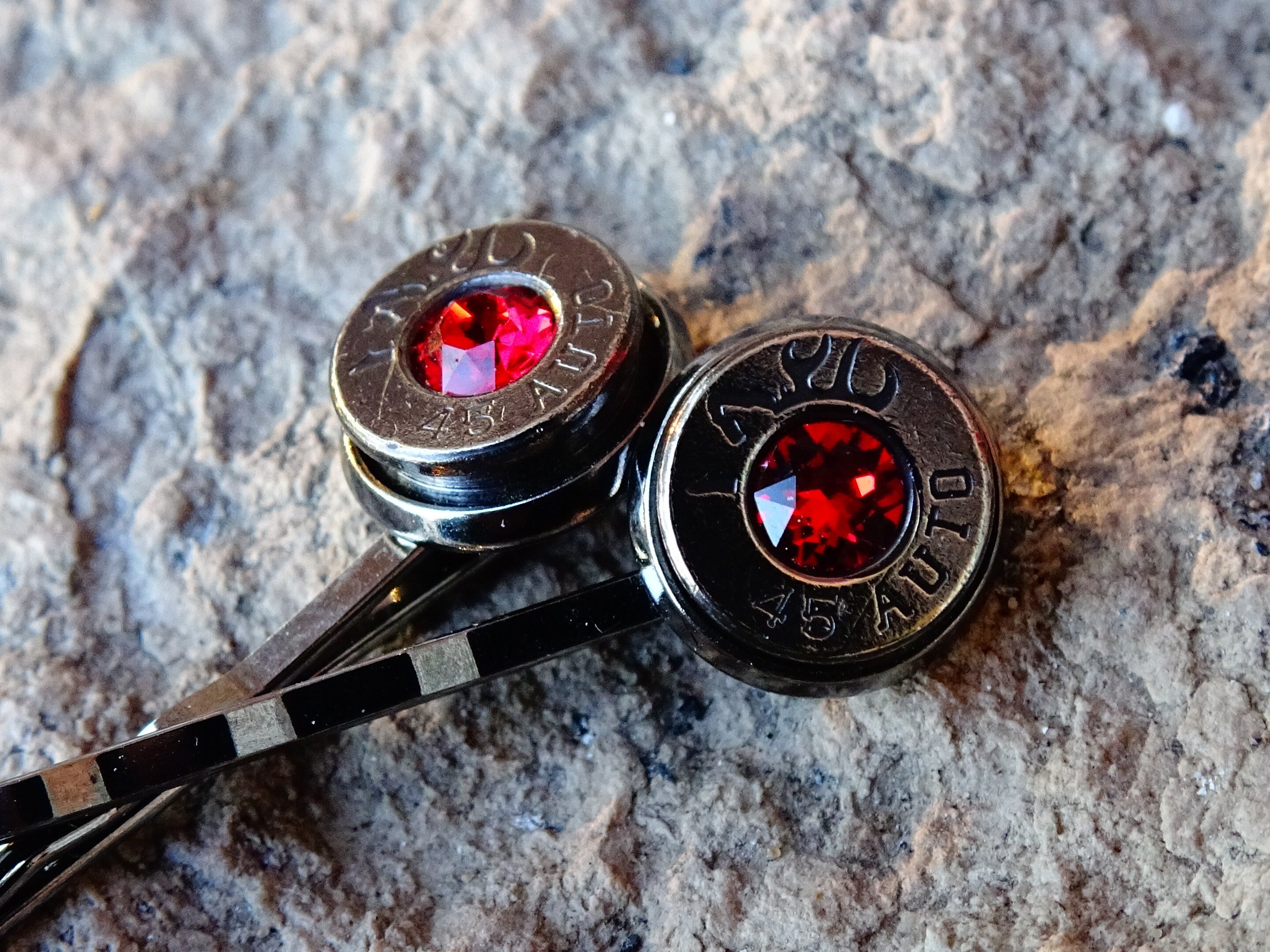 Bullet hair pins gun metal garnet red set __etsy:2198118036
