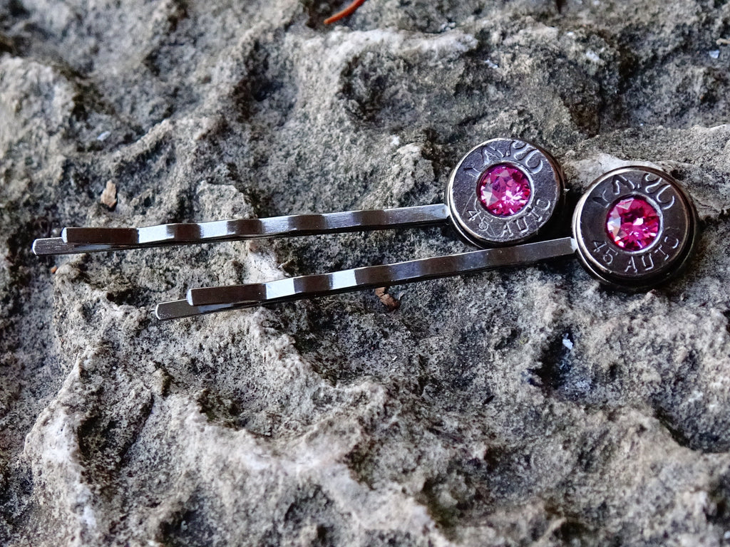 Bullet hair pins gun metal pink tourmaline set __etsy:2245665371