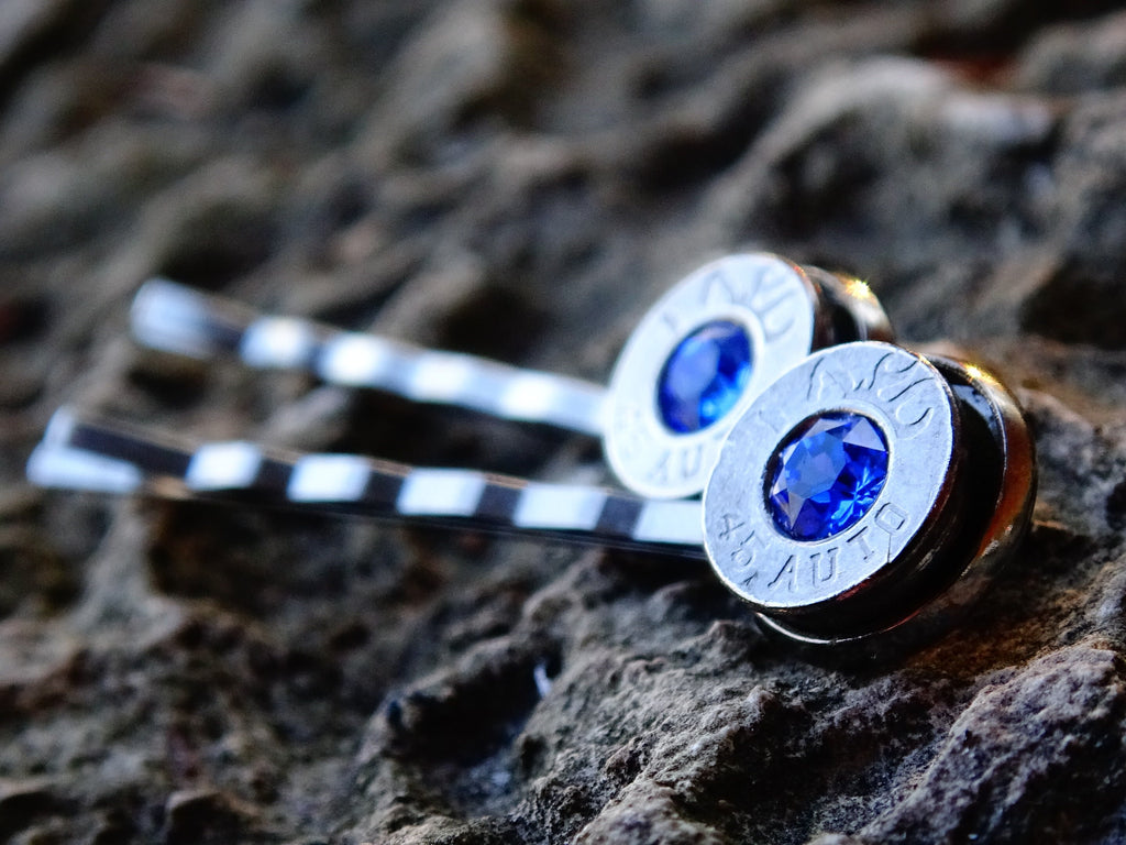 Bullet hair pins gun metal sapphire set __etsy:2245658493