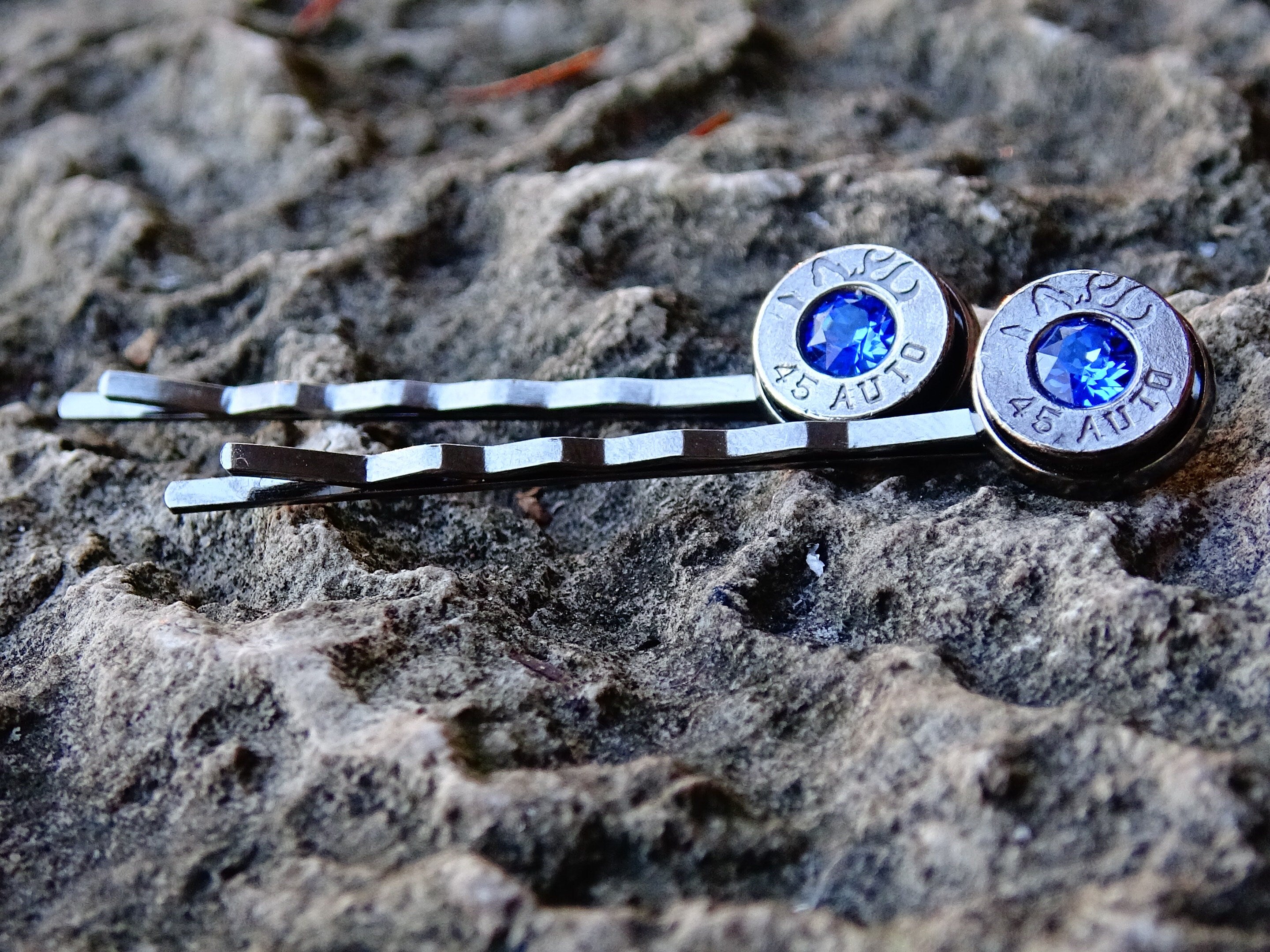 Bullet hair pins gun metal sapphire set __etsy:2198113702