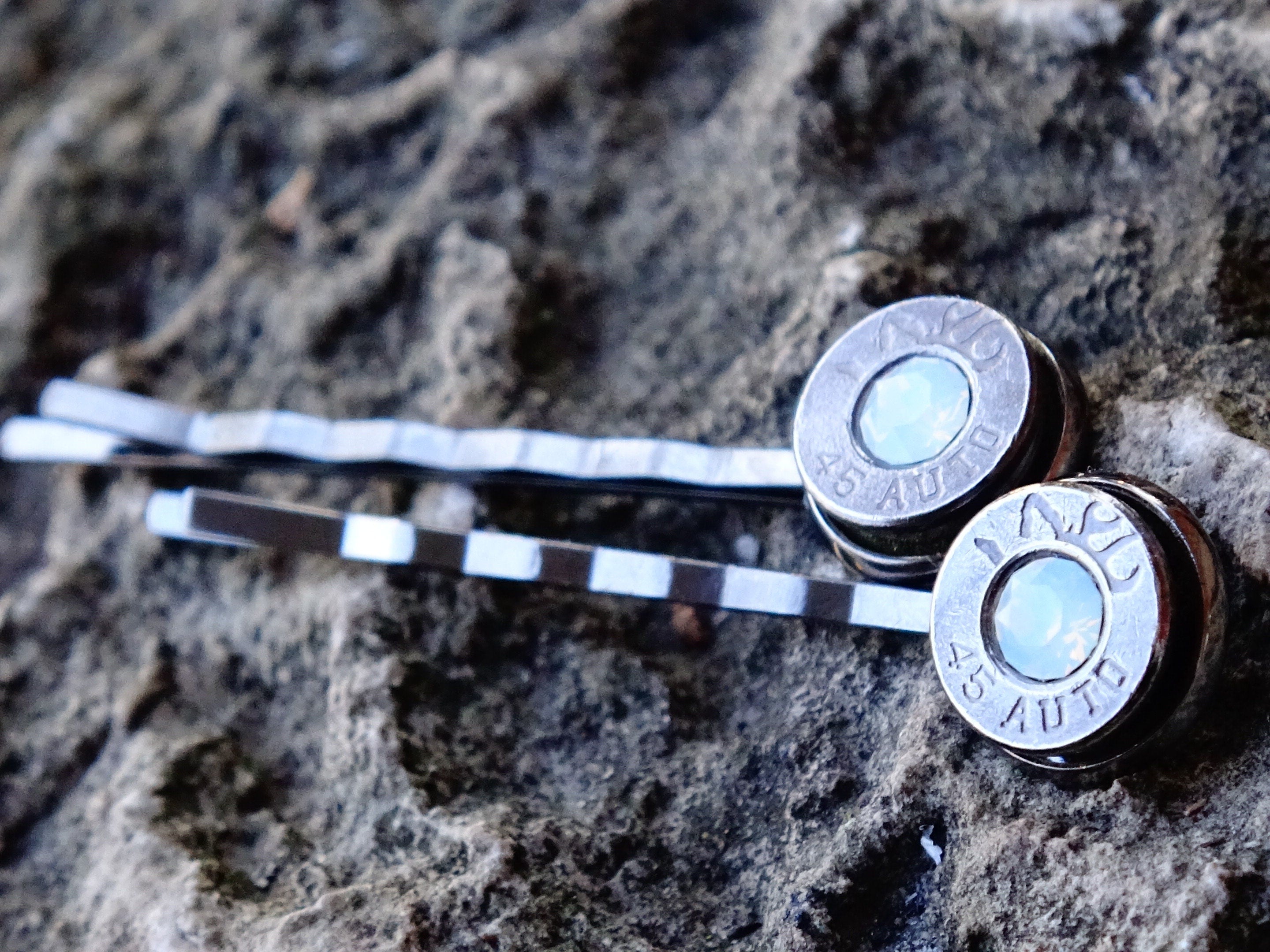 Bullet hair pins gun metal white opal set __etsy:2245668907