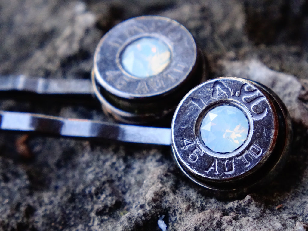 Bullet hair pins gun metal white opal set __etsy:2245668983