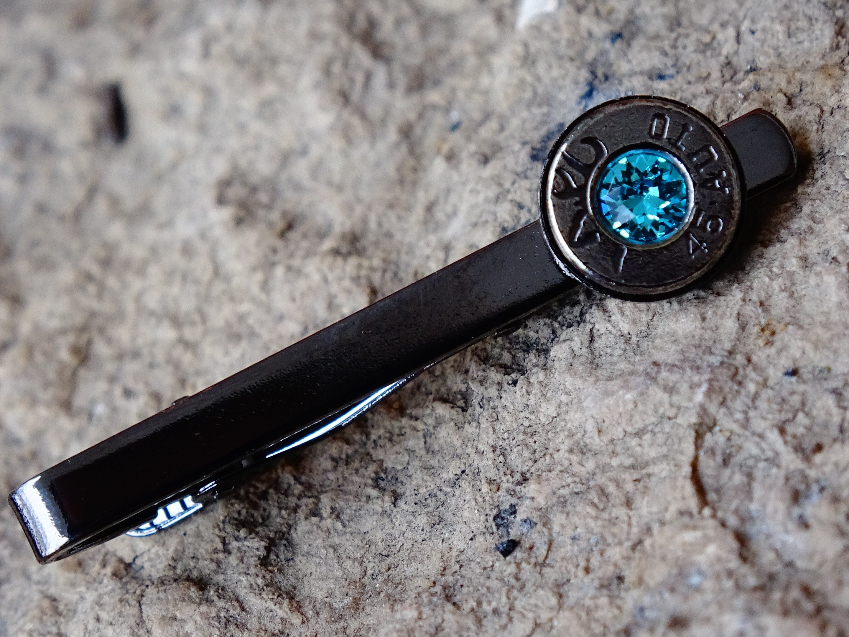 Bullet tie clip gun metal aqua marine .45 ACP __etsy:2241743553