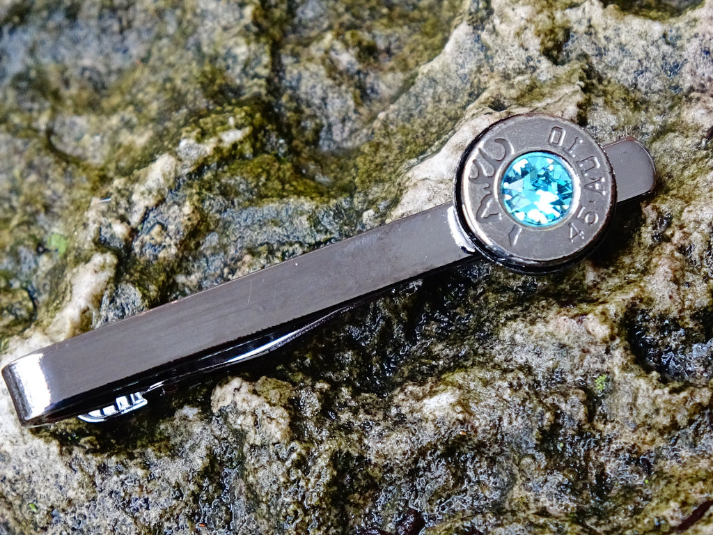 Bullet tie clip gun metal aqua marine .45 ACP __etsy:2194194938