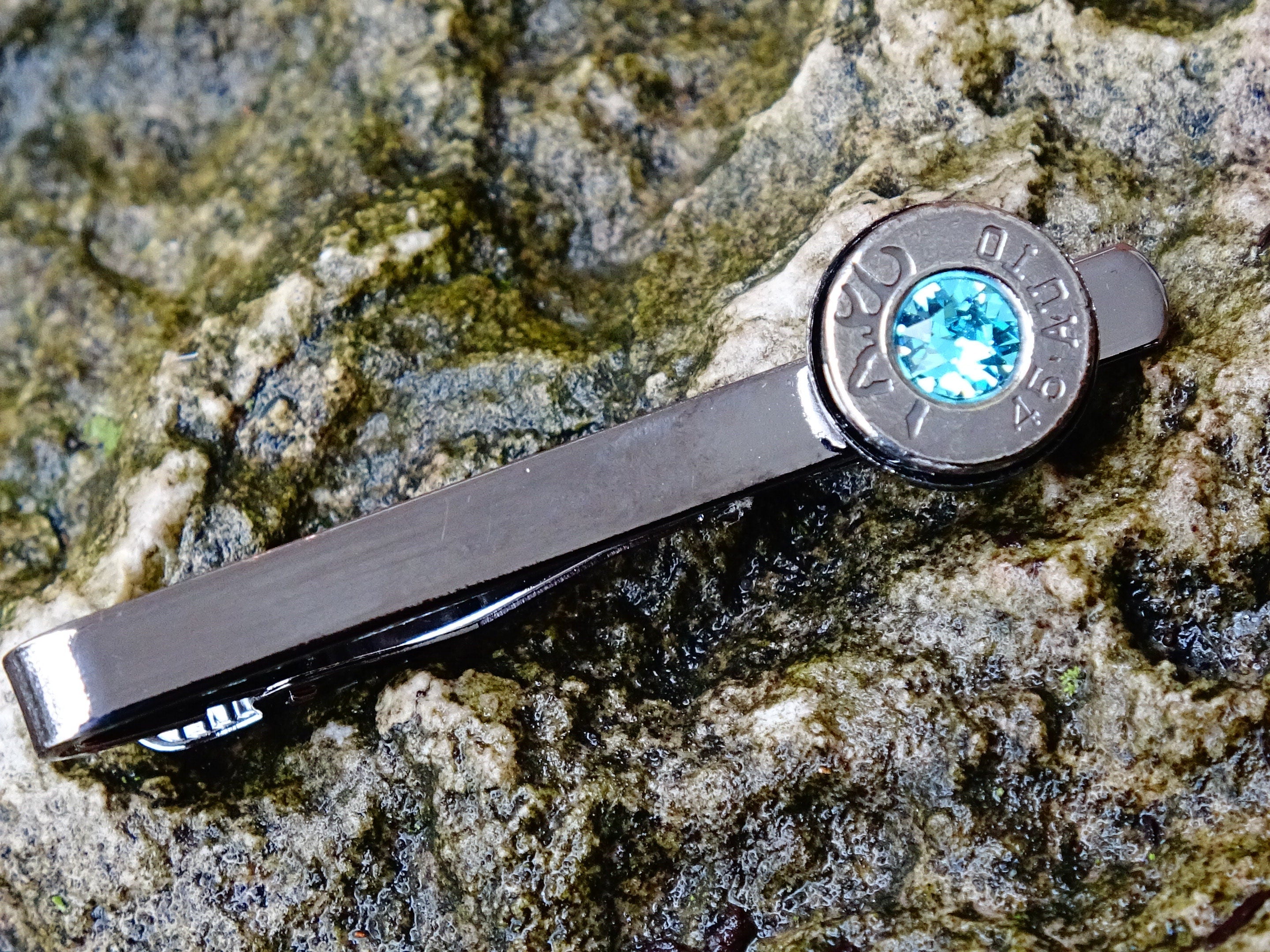 Bullet tie clip gun metal aqua marine .45 ACP __etsy:2194194938