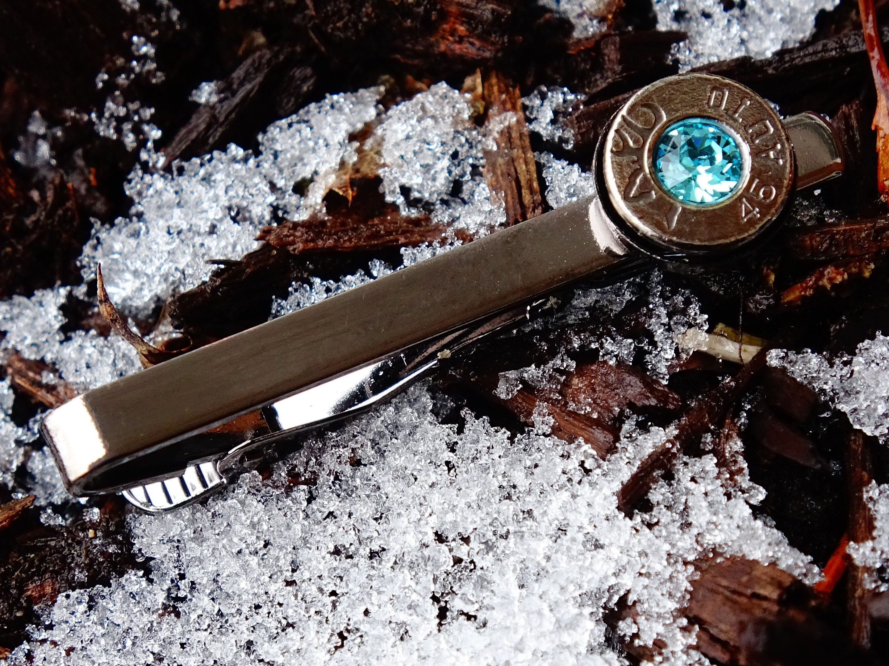 Bullet tie clip gun metal aqua marine .45 ACP __etsy:2241743801