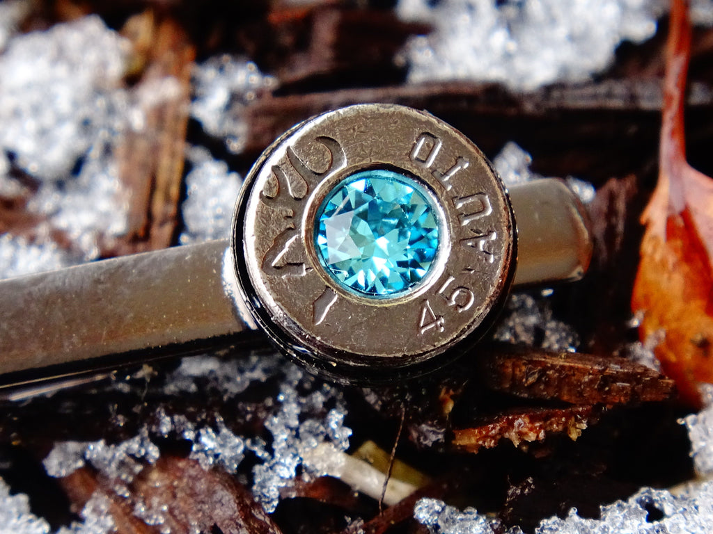 Bullet tie clip gun metal aqua marine .45 ACP __etsy:2194195180