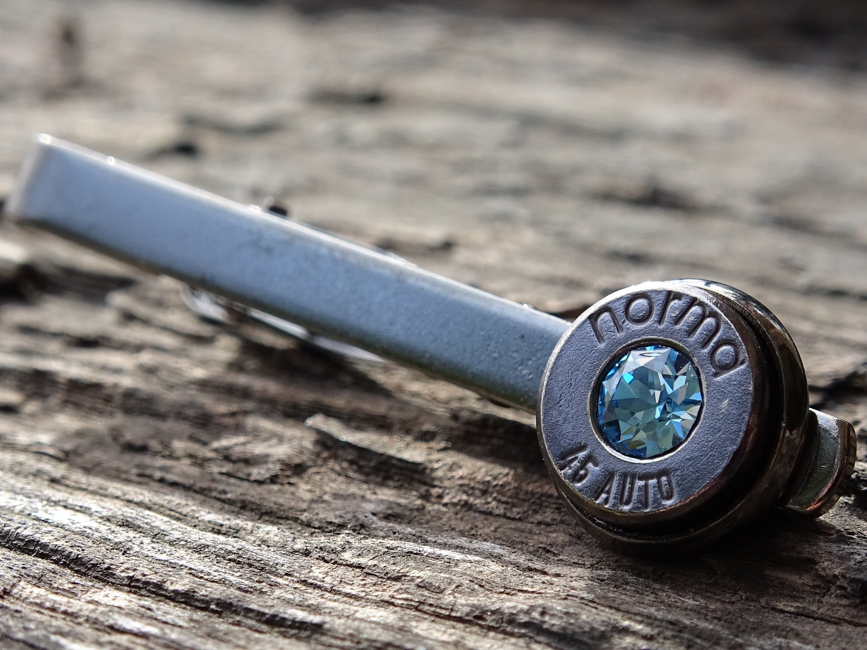 Bullet tie clip .45 gun metal aquamarine